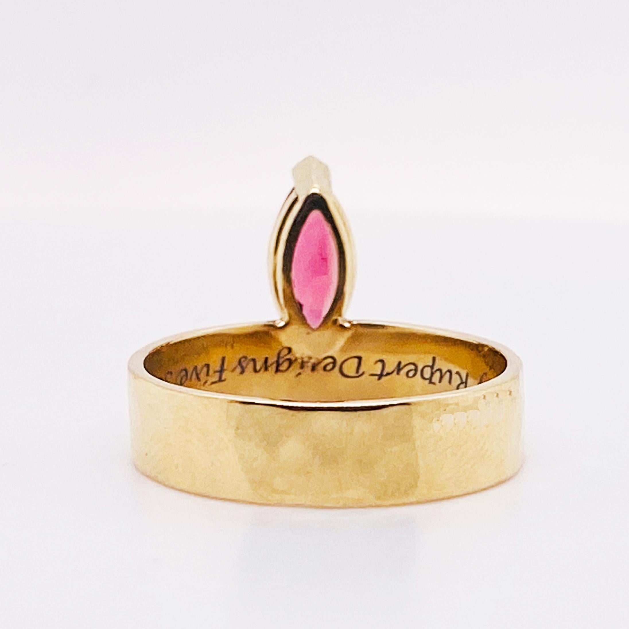 Artisan Pink Tourmaline Marquise Ring 14K Yellow Gold Hammered Band 1.00 Carat Gemstone For Sale