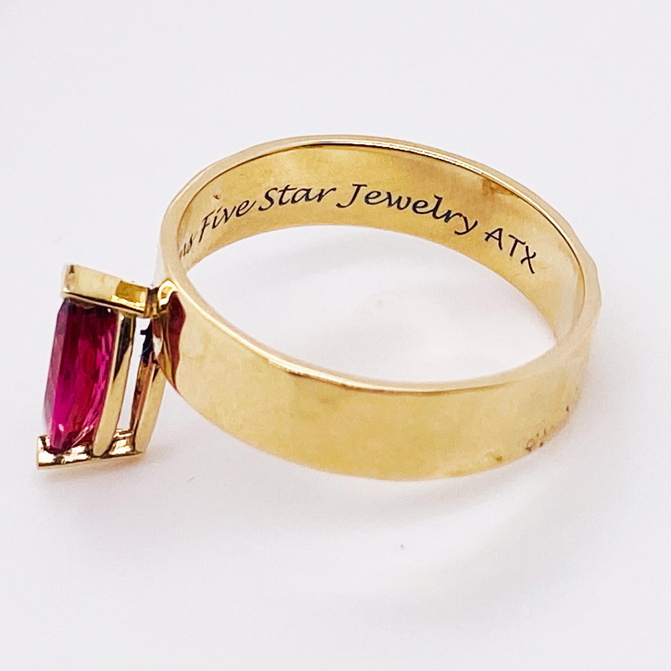 Pink Tourmaline Marquise Ring 14K Yellow Gold Hammered Band 1.00 Carat Gemstone In New Condition For Sale In Austin, TX