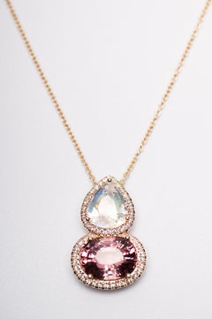 Pink Tourmaline & Moonstone Pendant Necklace with Diamonds in 18K Gold
