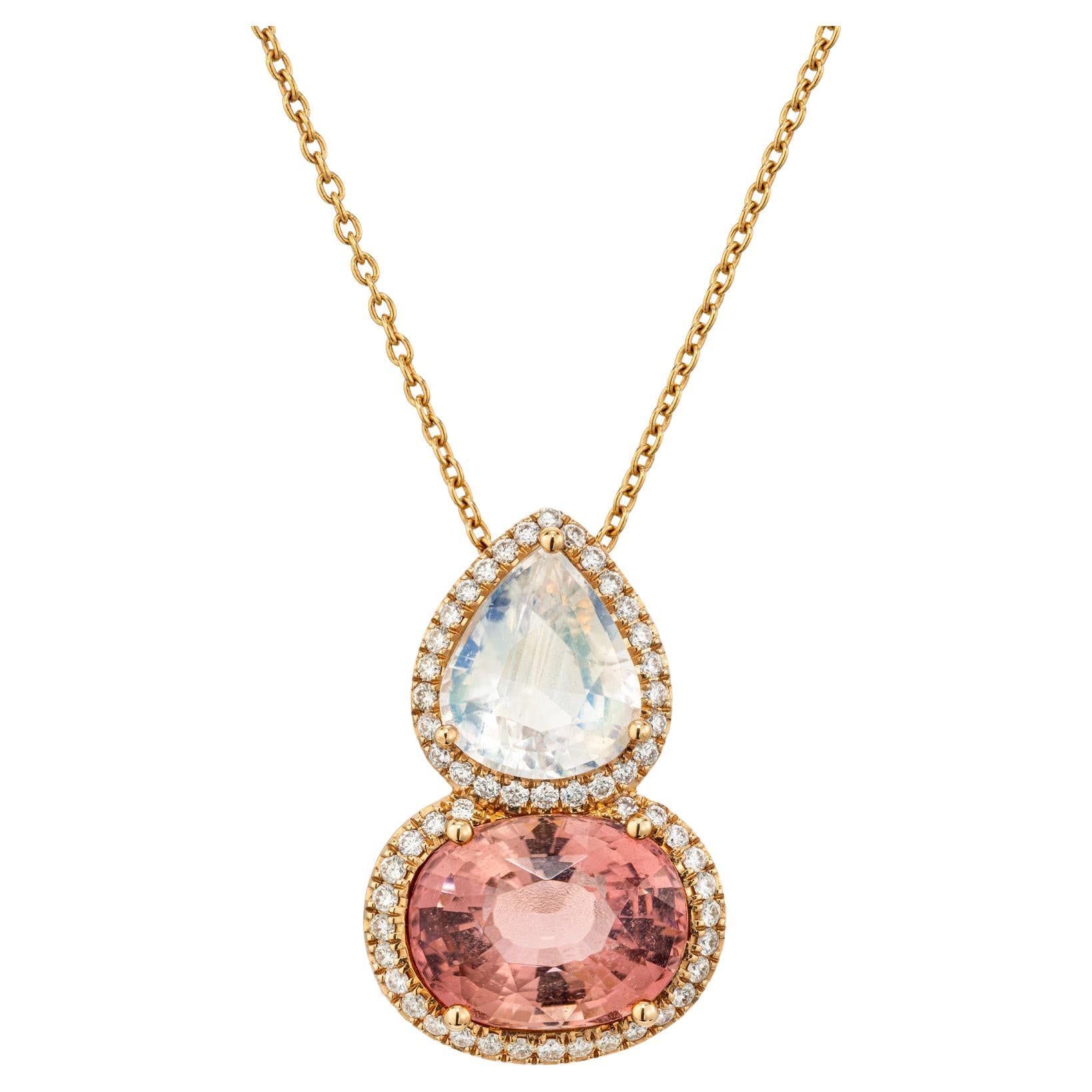 Collar Colgante de Turmalina Rosa y Piedra Lunar con Diamantes en Oro de 18K