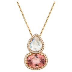 Collier à pendentifs en or 18K avec tourmaline rose et pierre de lune et diamants