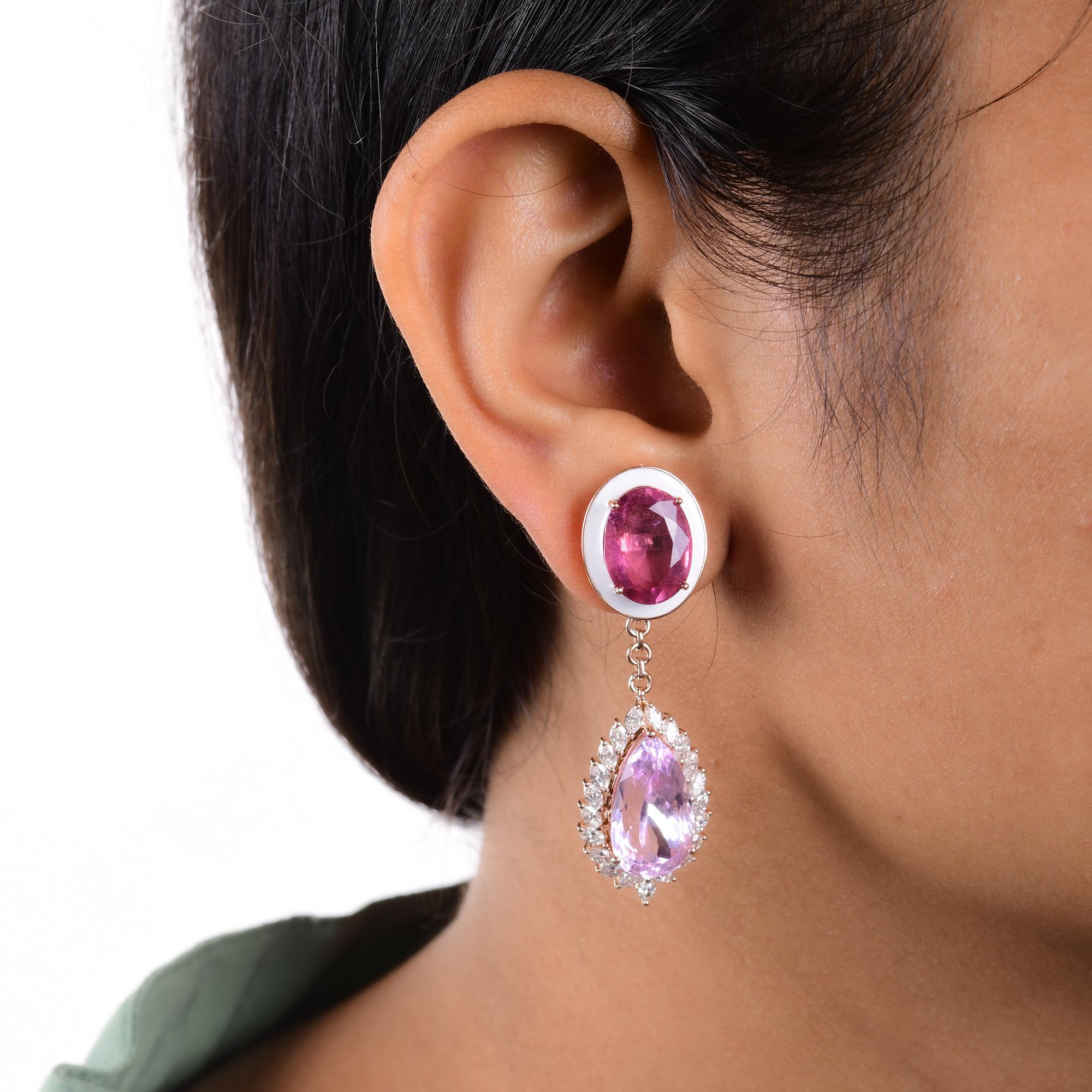 Taglio a goccia Orecchini pendenti con gemme di tormalina rosa e morganite Diamante Oro rosa 14 carati in vendita