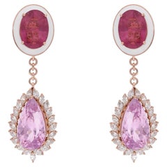 Pink Tourmaline Morganite Gemstone Dangle Earrings Diamond 14 Karat Rose Gold