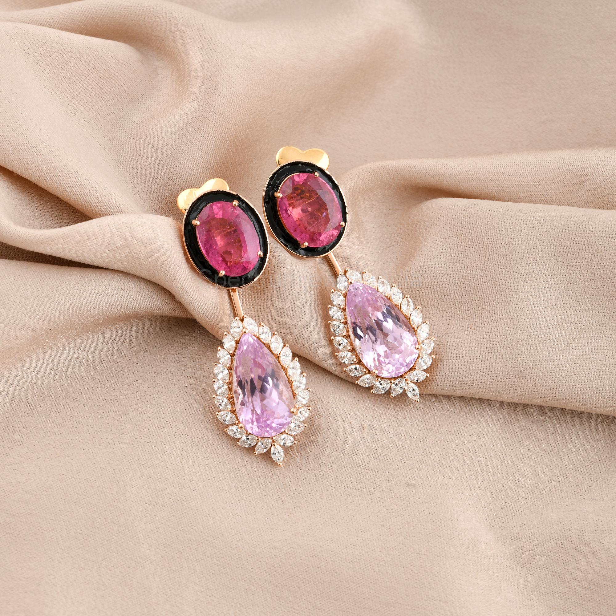 Pendants d'oreilles en or rose 18 carats avec tourmaline rose, morganite et diamant en vente 3