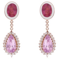 Pendants d'oreilles en or rose 18 carats avec tourmaline rose, morganite et diamant