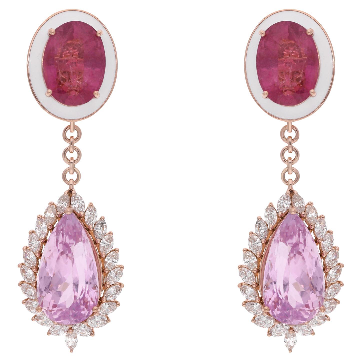 Pink Tourmaline Morganite Gemstone Dangle Earrings Diamond 18 Karat Rose Gold For Sale