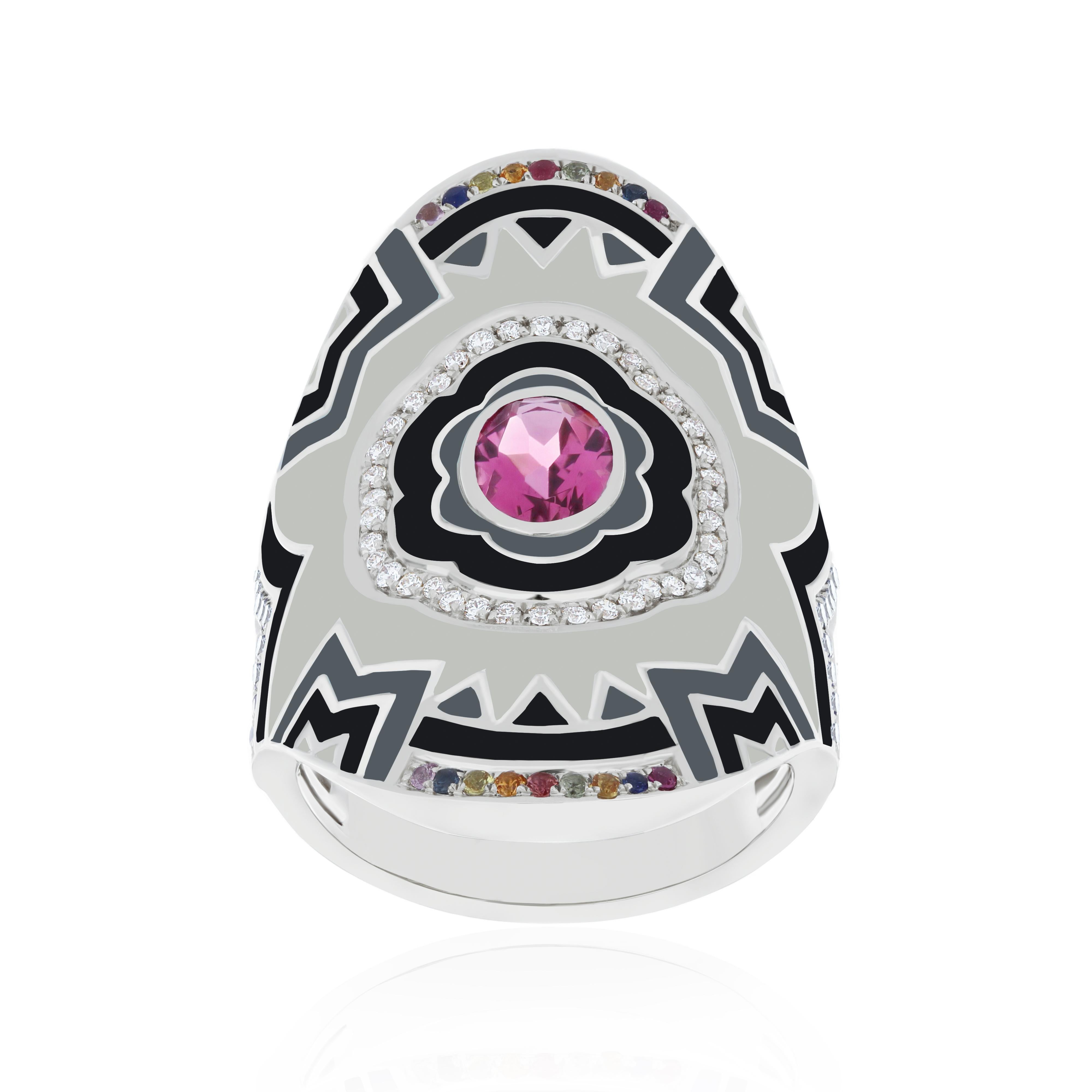 For Sale:  Pink Tourmaline, Multi-Sapphire, Enamel & Diamond Ring in 14 Karat White Gold 2
