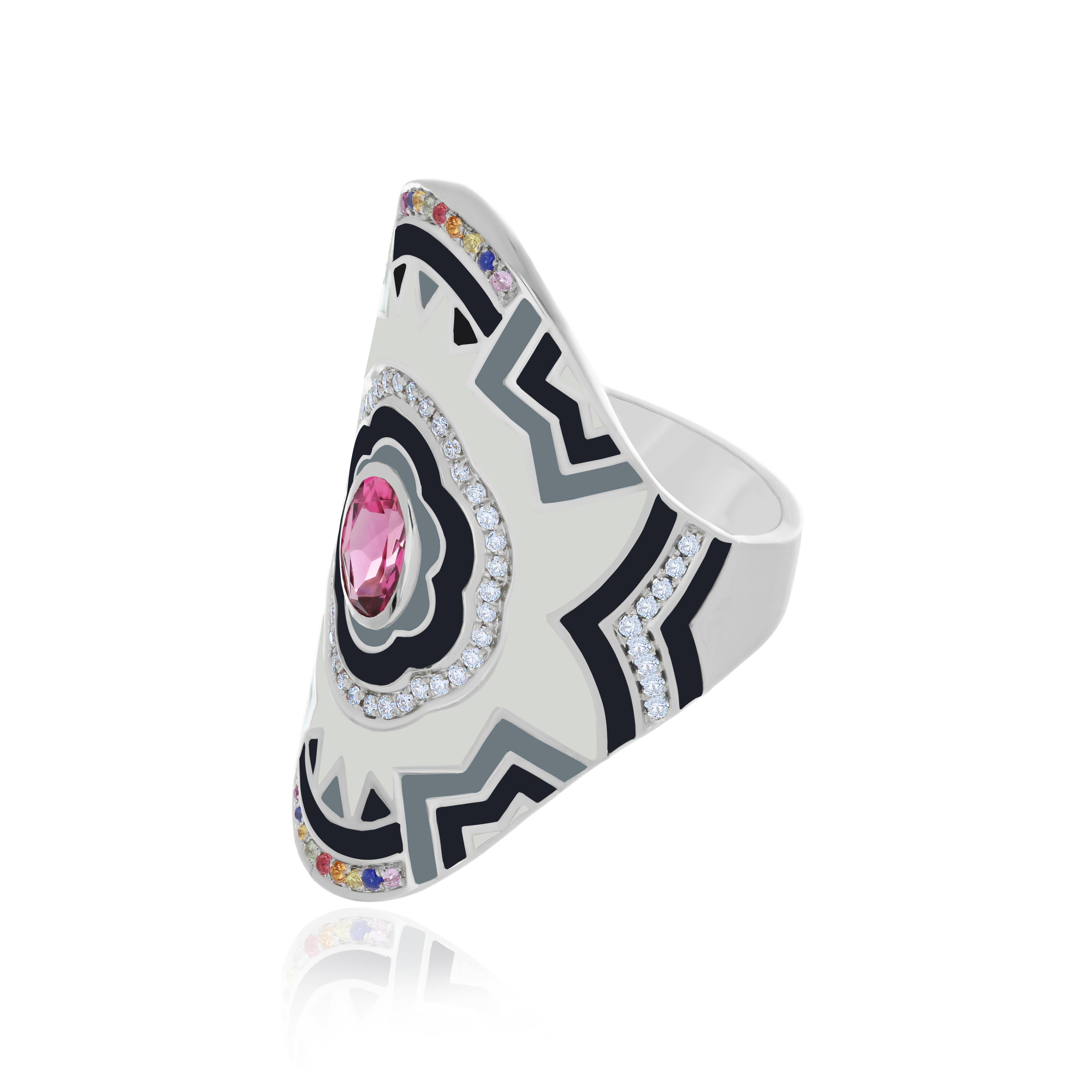 For Sale:  Pink Tourmaline, Multi-Sapphire, Enamel & Diamond Ring in 14 Karat White Gold 3