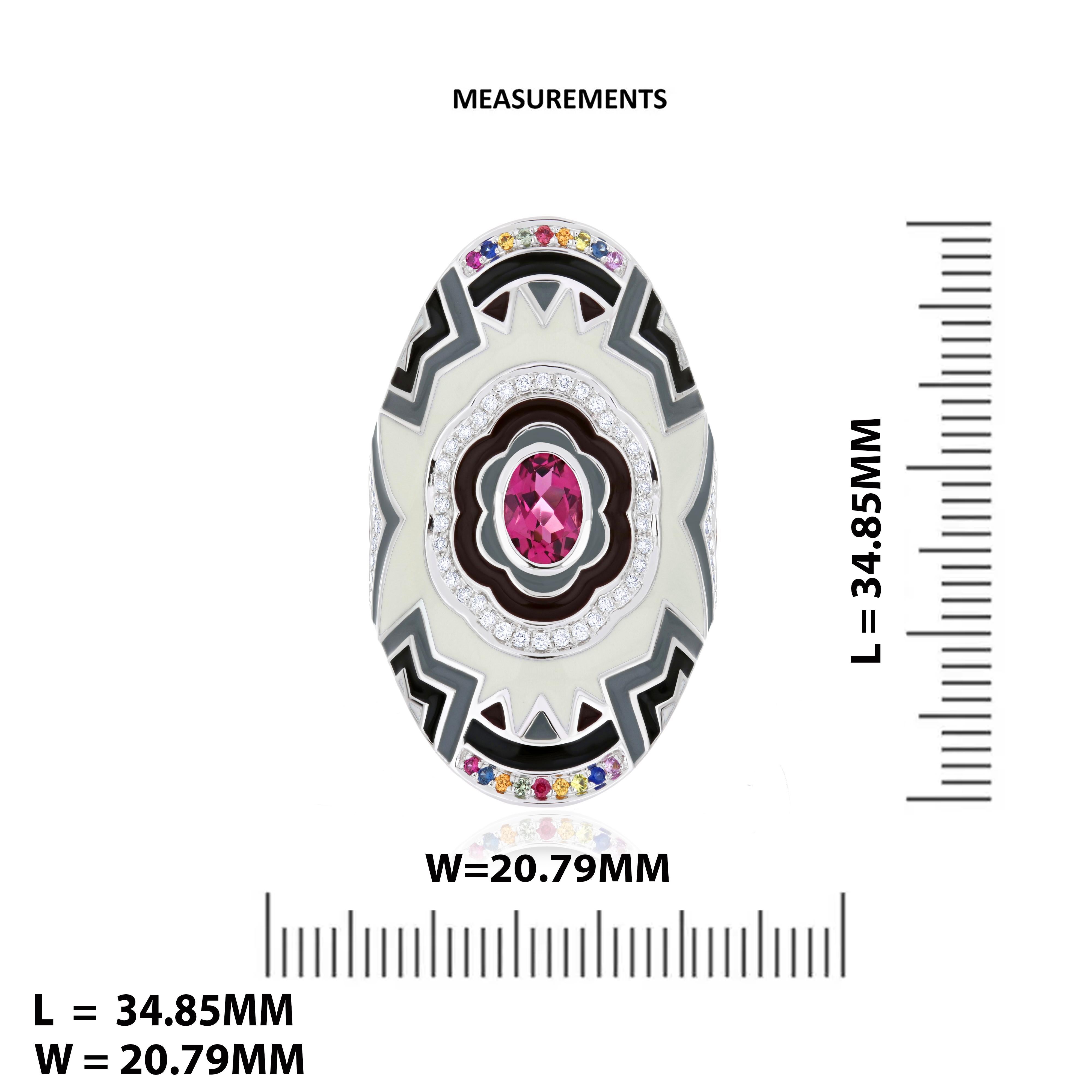For Sale:  Pink Tourmaline, Multi-Sapphire, Enamel & Diamond Ring in 14 Karat White Gold 6