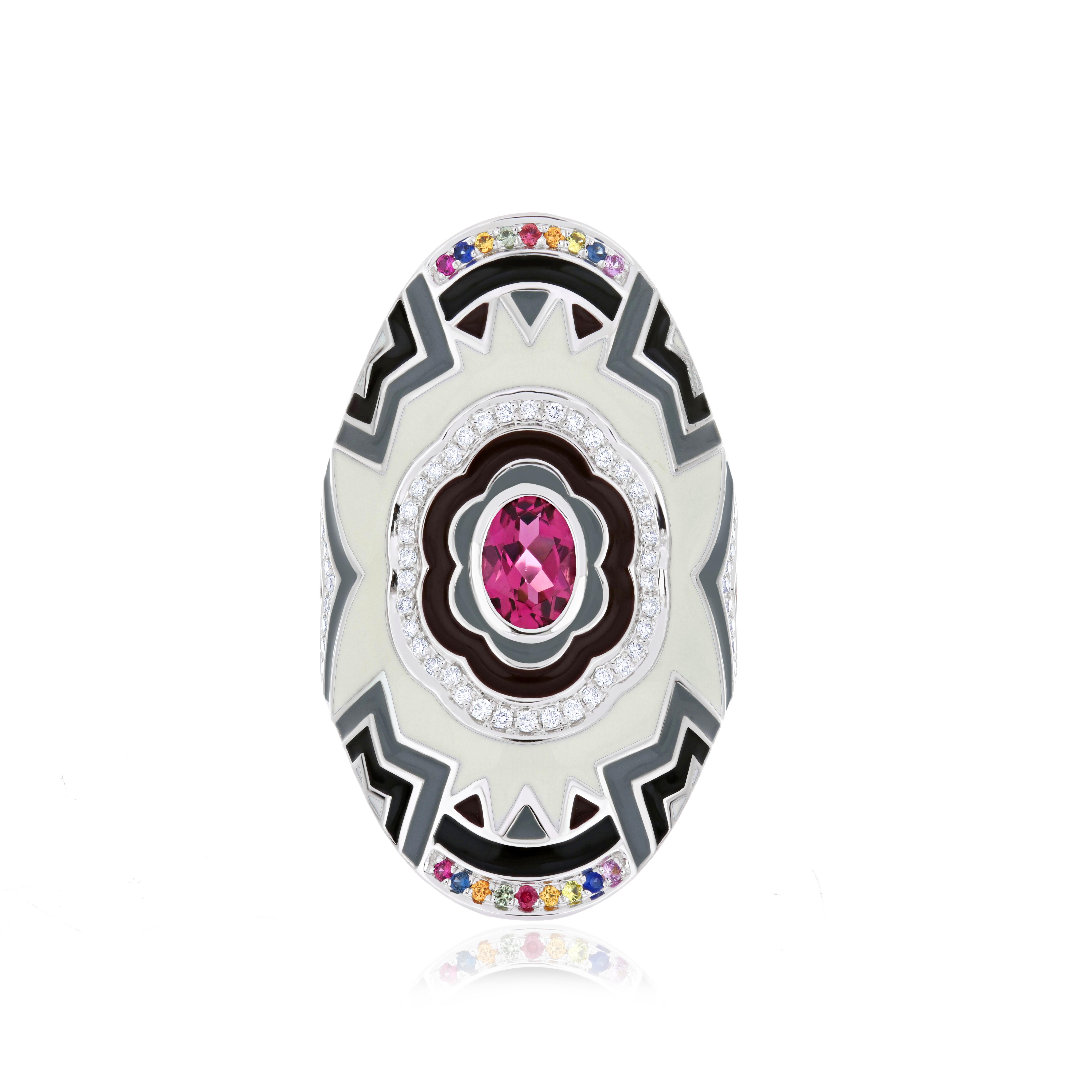 For Sale:  Pink Tourmaline, Multi-Sapphire, Enamel & Diamond Ring in 14 Karat White Gold 7