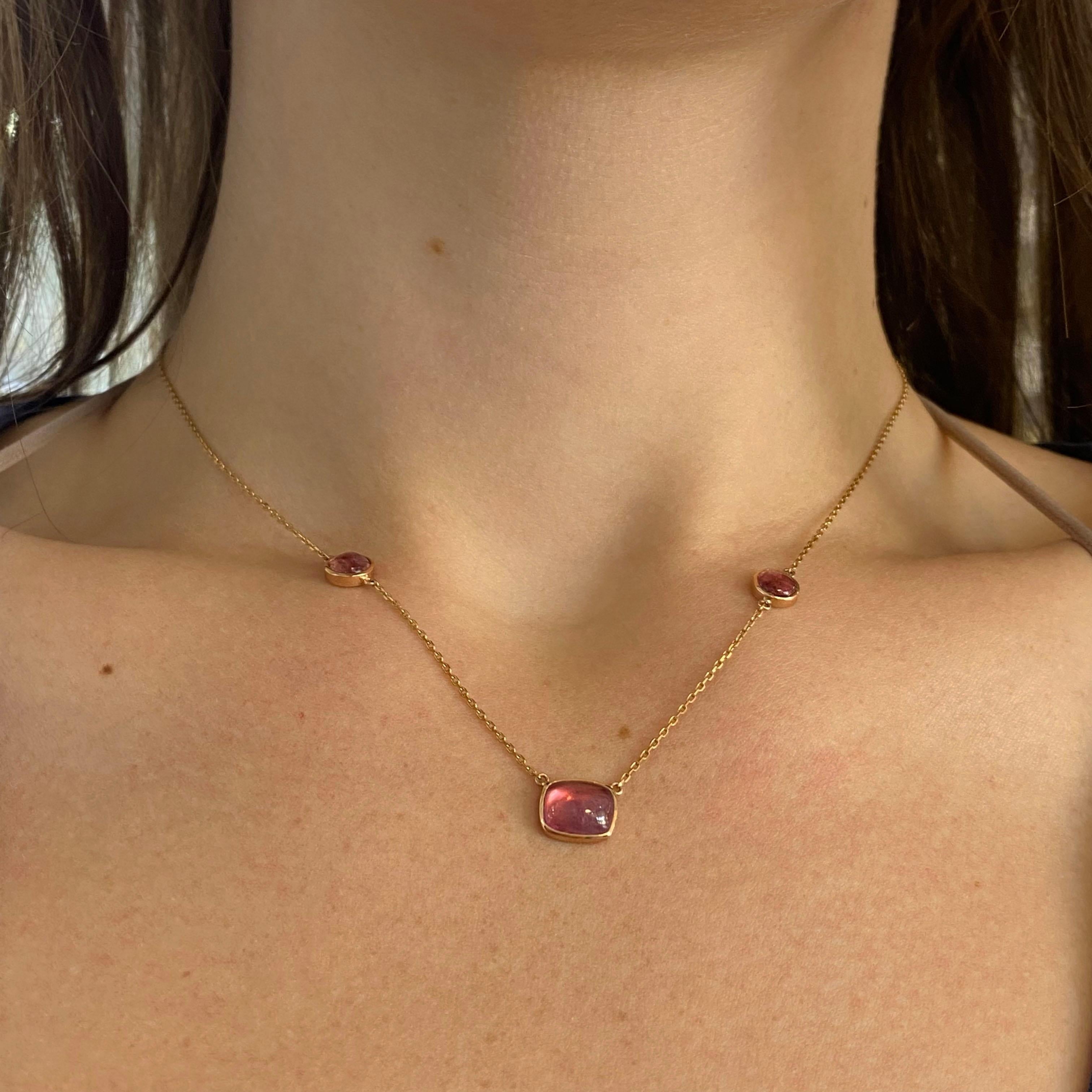 Round Cut Pink Tourmaline Necklace Handmade Bezels Custom Cut Pink Tourmaline 3.43 Carats For Sale