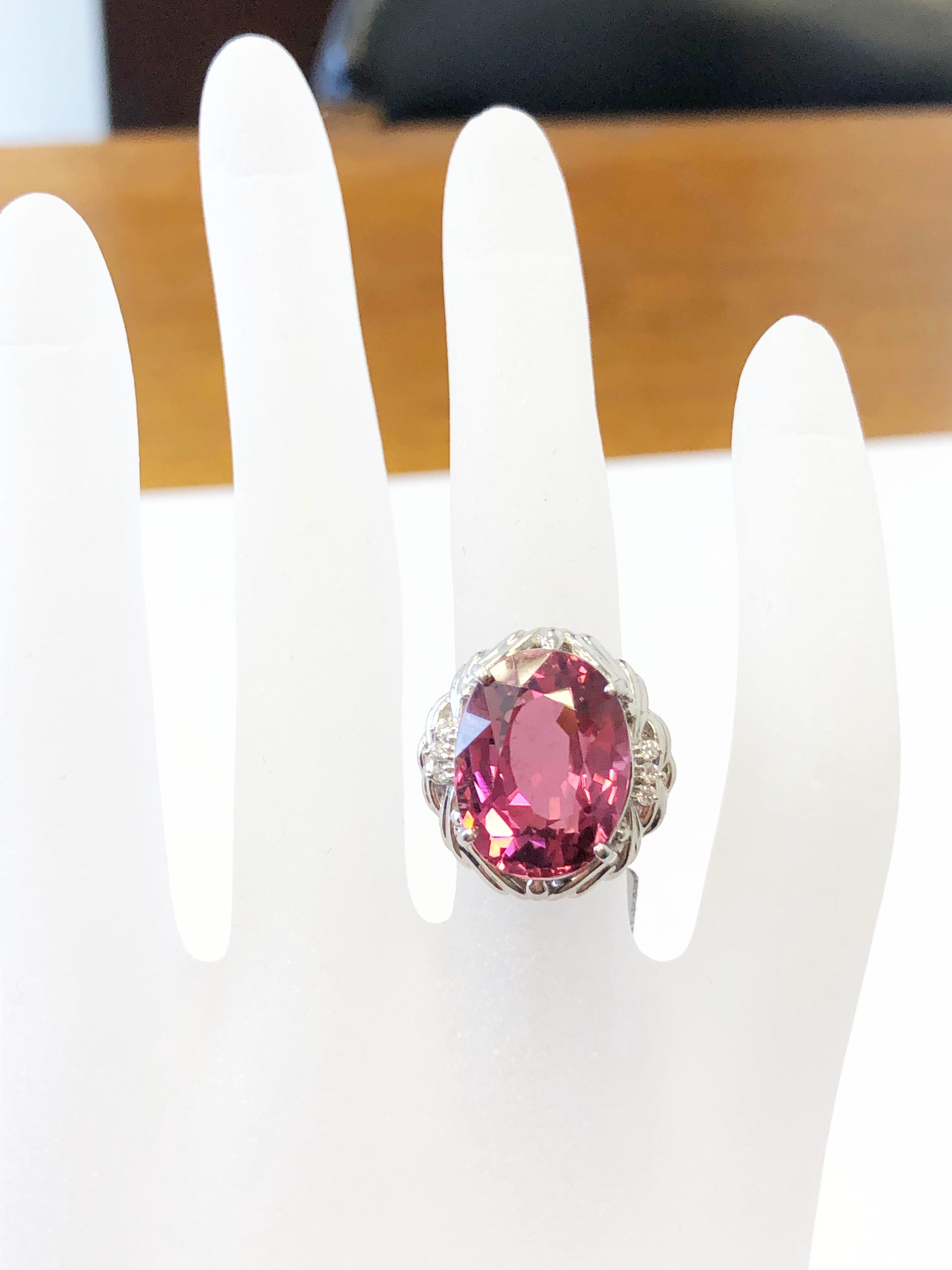 Oval Cut Pink Tourmaline Oval and Diamond Cocktail Ring in Platinum