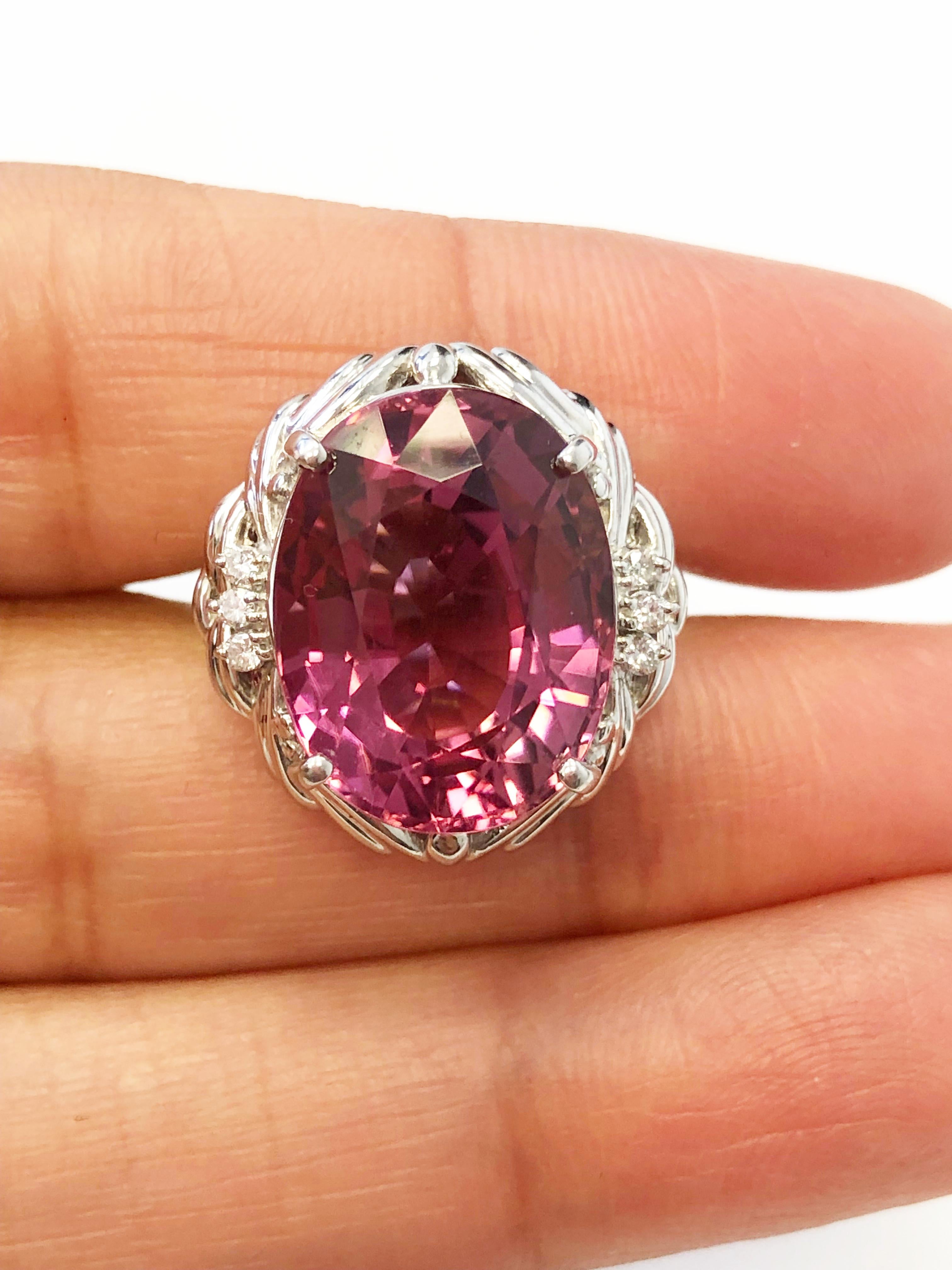 Women's or Men's Pink Tourmaline Oval and Diamond Cocktail Ring in Platinum