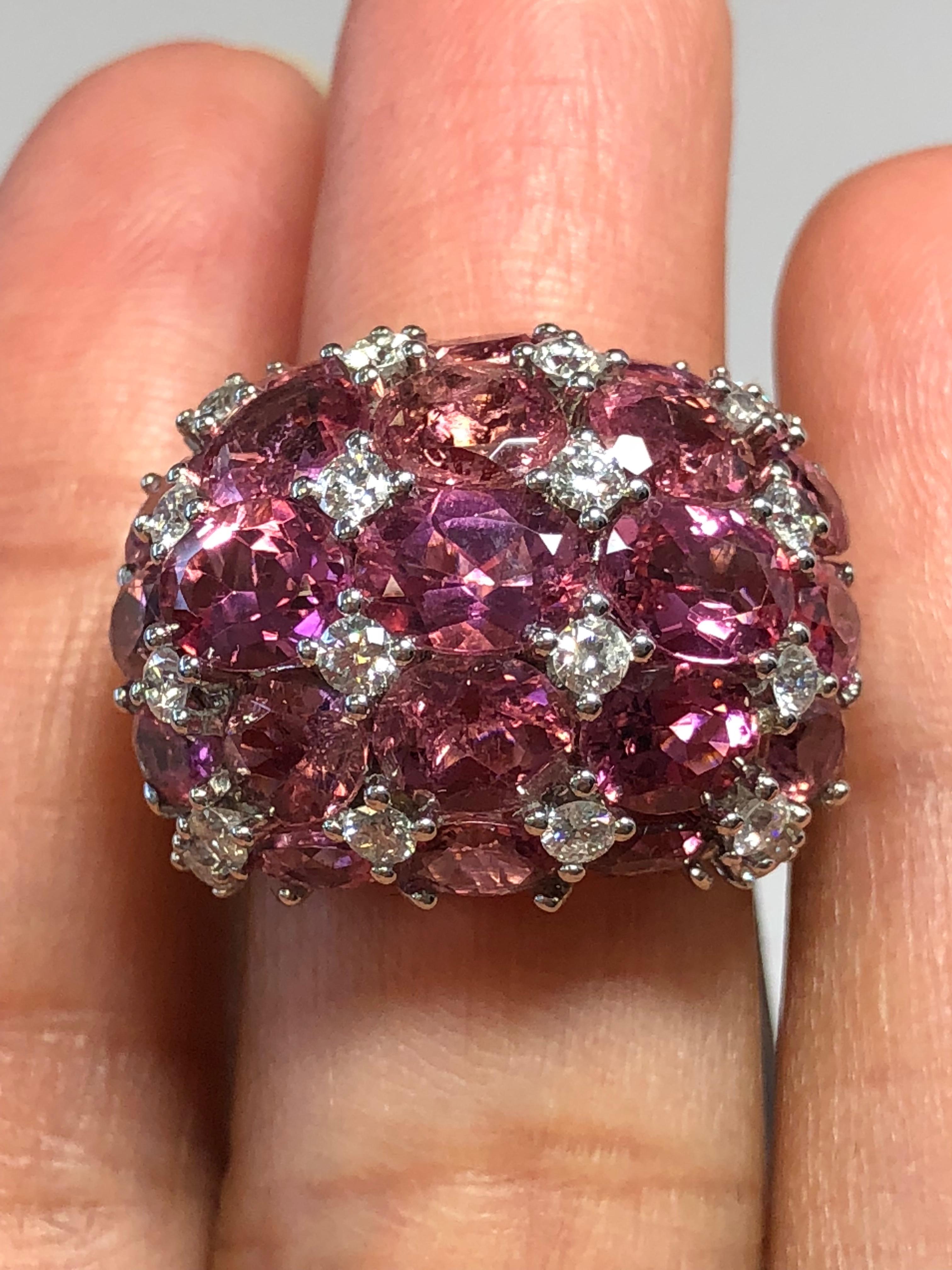 Oval Cut Pink Tourmaline Oval and White Diamond Round Cocktail Ring in 18 Karat Gold