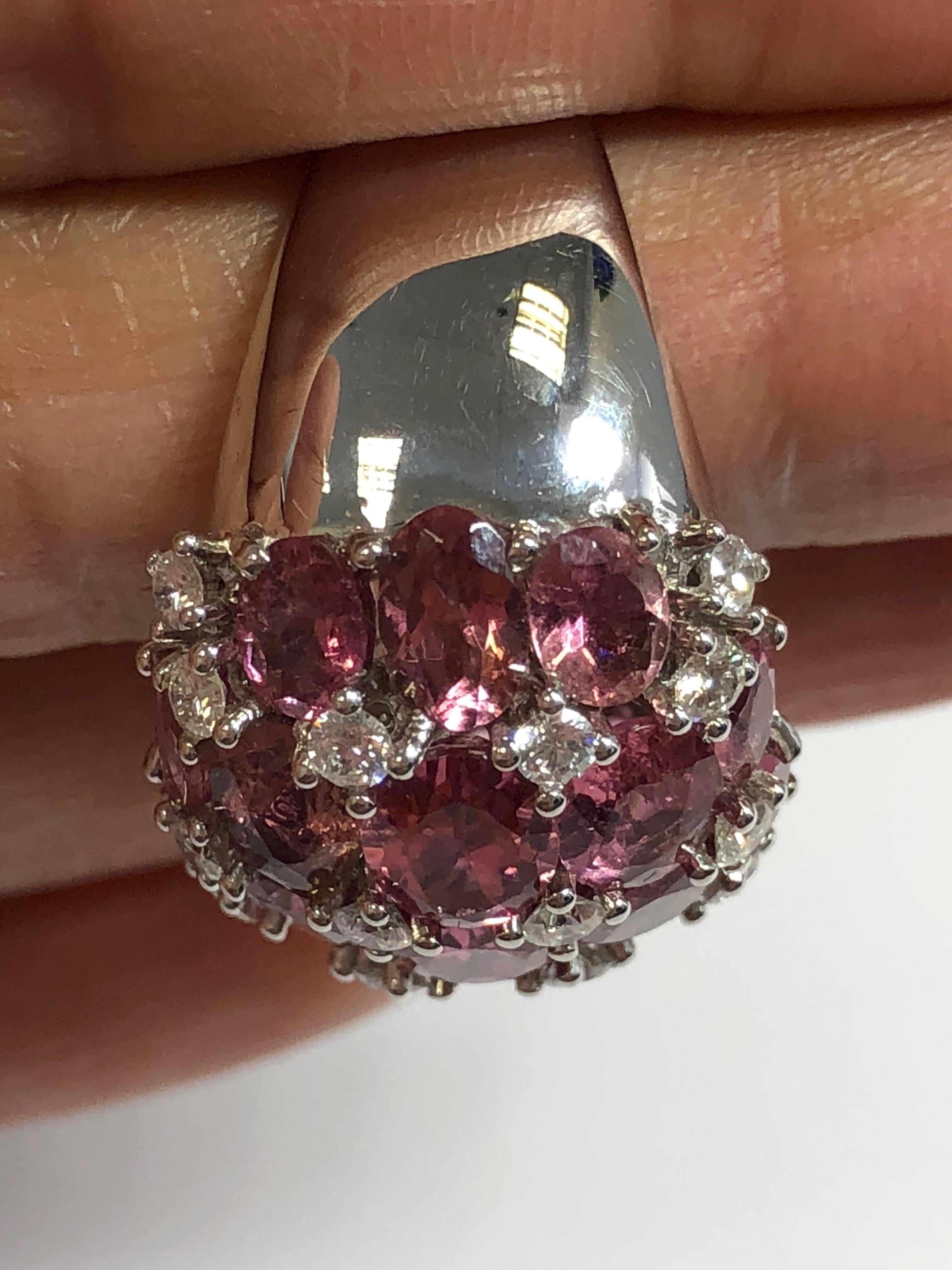 Women's or Men's Pink Tourmaline Oval and White Diamond Round Cocktail Ring in 18 Karat Gold