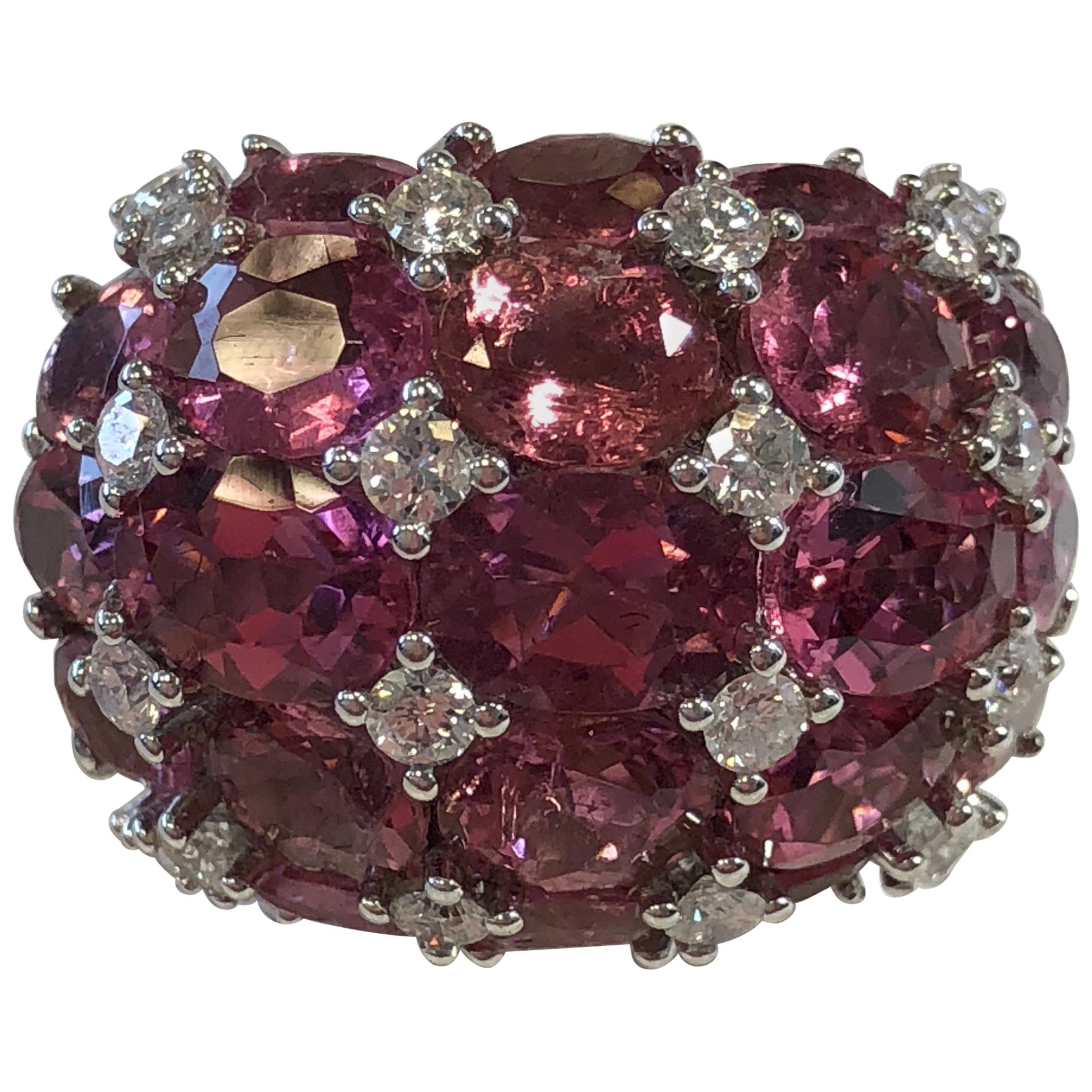 Pink Tourmaline Oval and White Diamond Round Cocktail Ring in 18 Karat Gold
