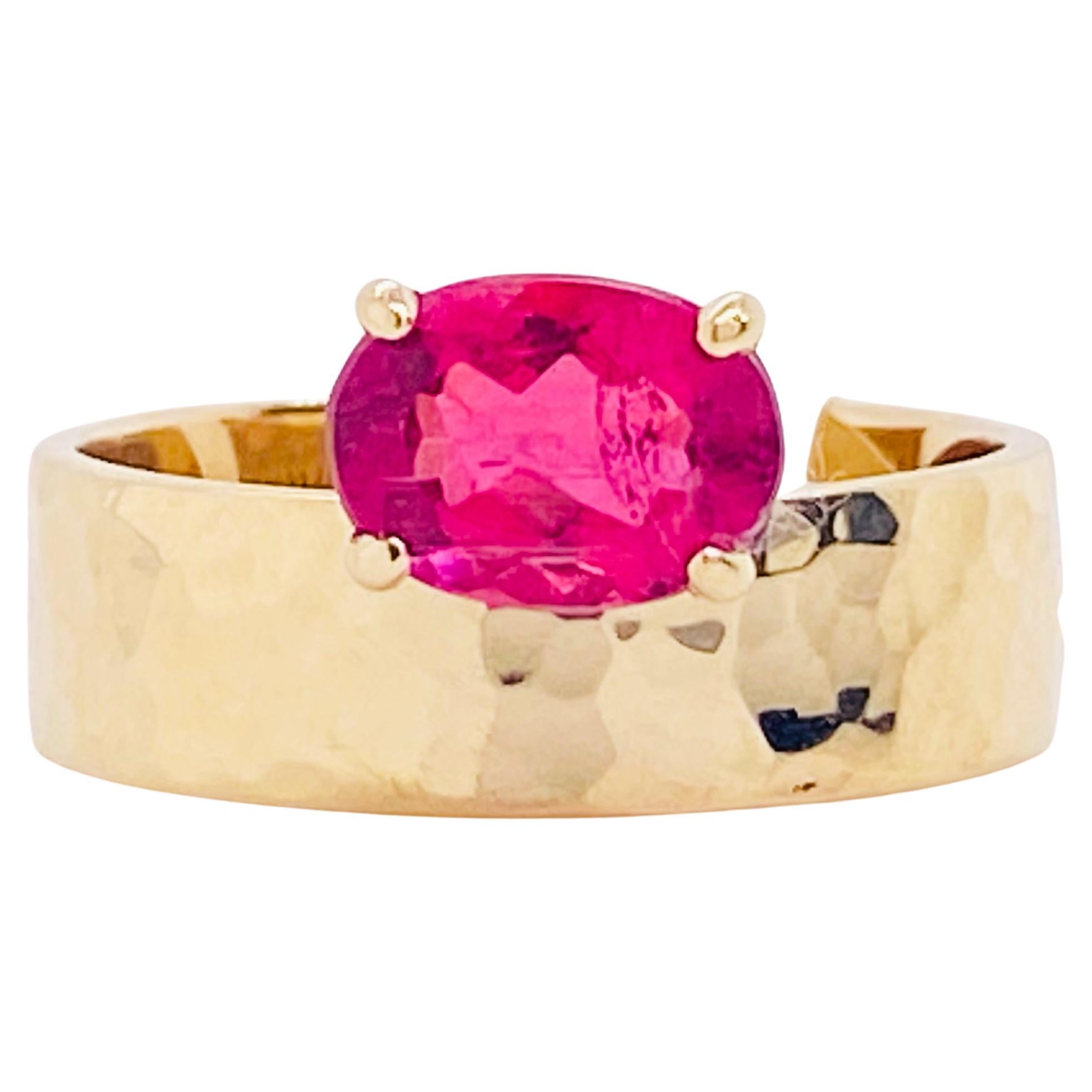 Pink Tourmaline Oval Ring 14K Yellow Gold Hammered Wide Band 1.32 Carat Gemstone
