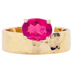 Pink Tourmaline Oval Ring 14K Yellow Gold Hammered Wide Band 1.32 Carat Gemstone
