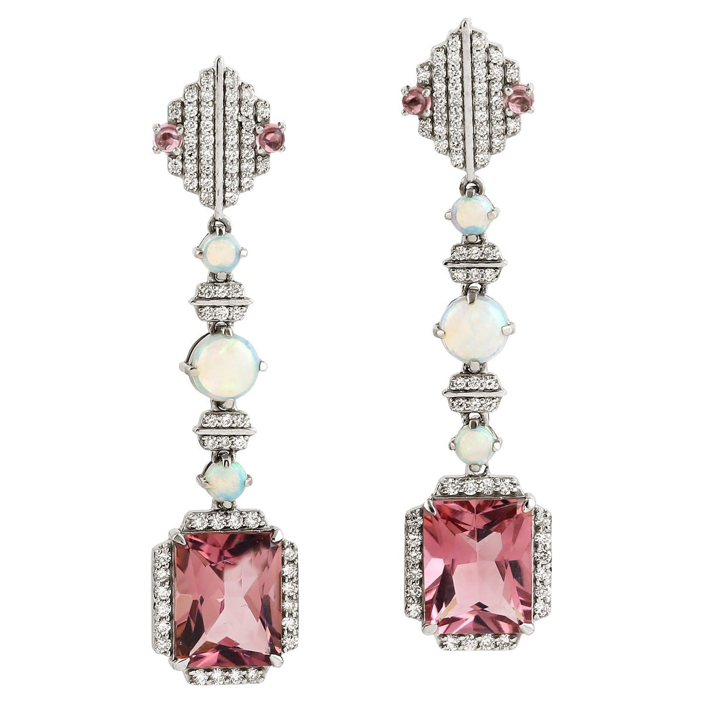 Pink Tourmaline & Pearl Dangle Earrings With Diamonds Made In 18k White Gold