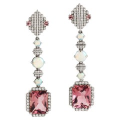 Pink Tourmaline & Pearl Dangle Earrings With Diamonds Made In 18k White Gold