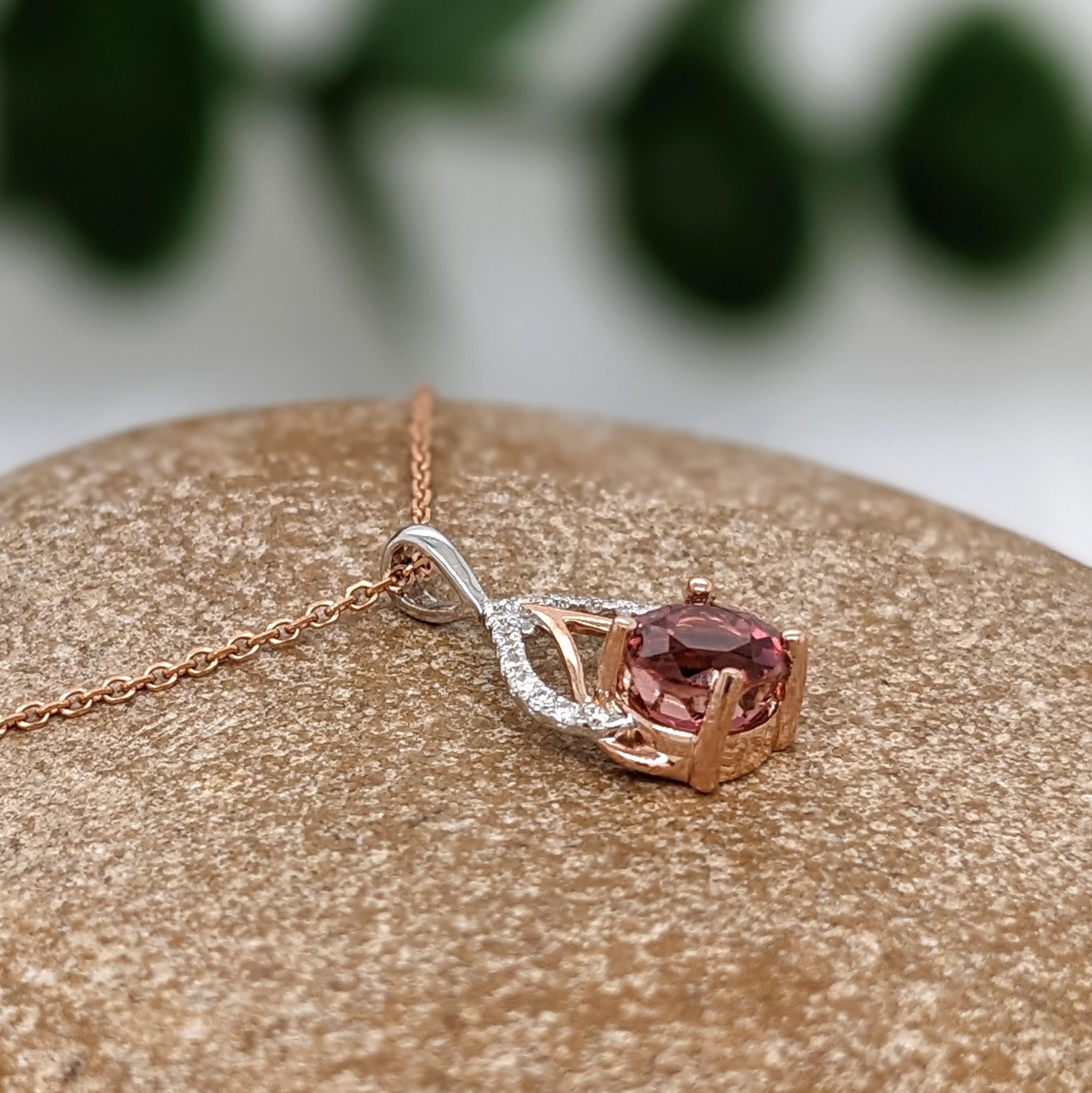 Modern Pink Tourmaline Pendant w Natural Diamonds in Solid 14k Dual Tone Gold Round 5mm For Sale