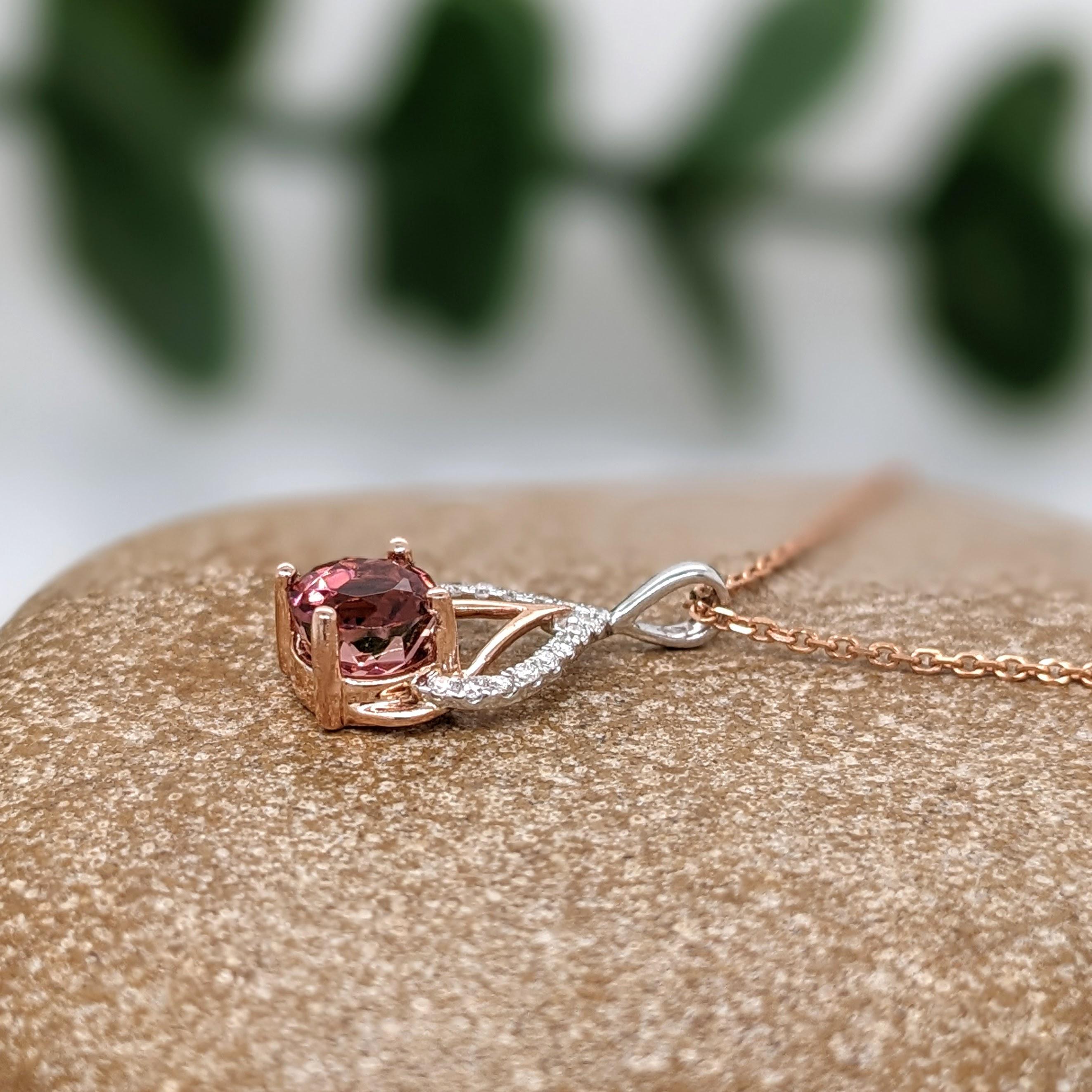 Round Cut Pink Tourmaline Pendant w Natural Diamonds in Solid 14k Dual Tone Gold Round 5mm