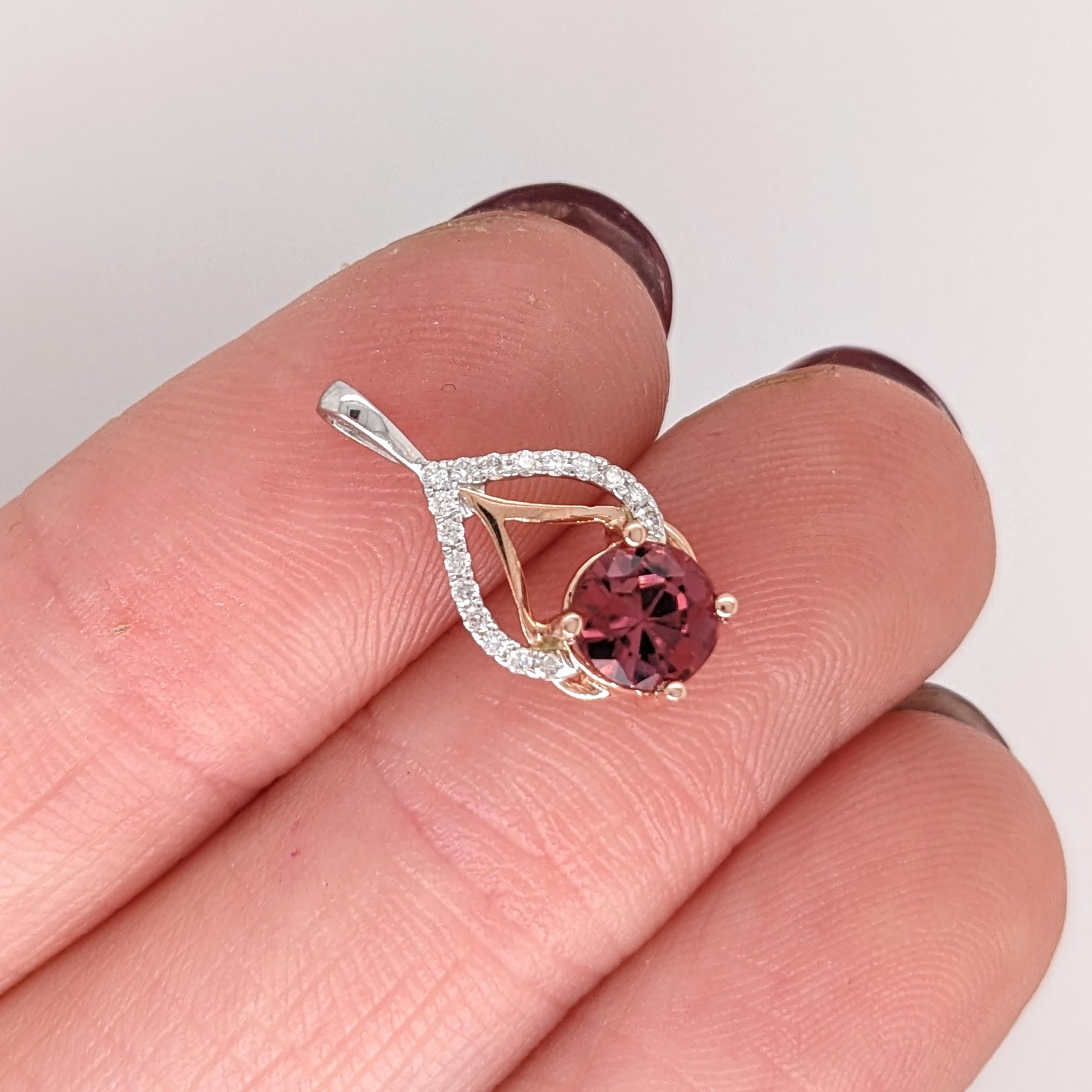 Pink Tourmaline Pendant w Natural Diamonds in Solid 14k Dual Tone Gold Round 5mm In New Condition For Sale In Columbus, OH