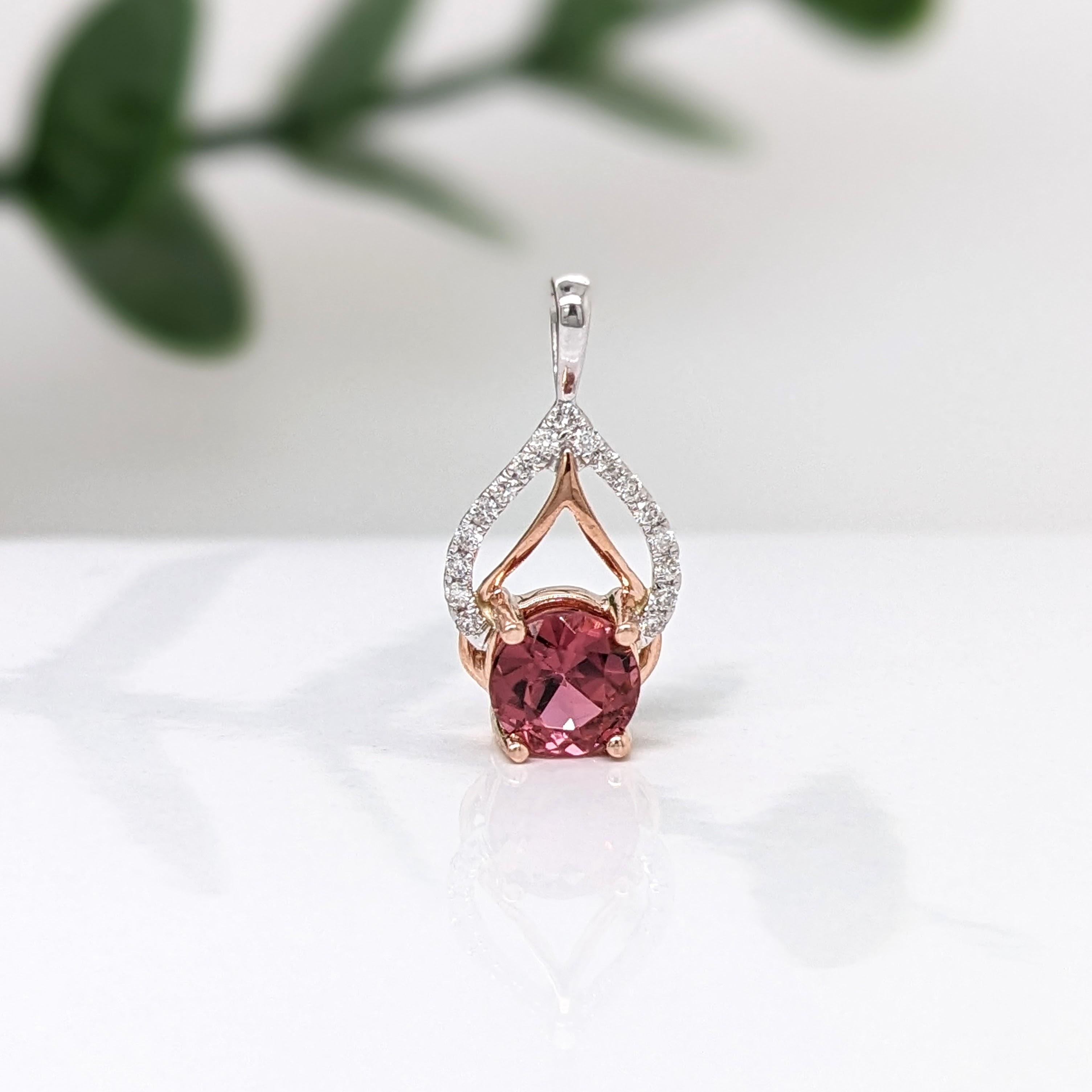 Women's Pink Tourmaline Pendant w Natural Diamonds in Solid 14k Dual Tone Gold Round 5mm For Sale