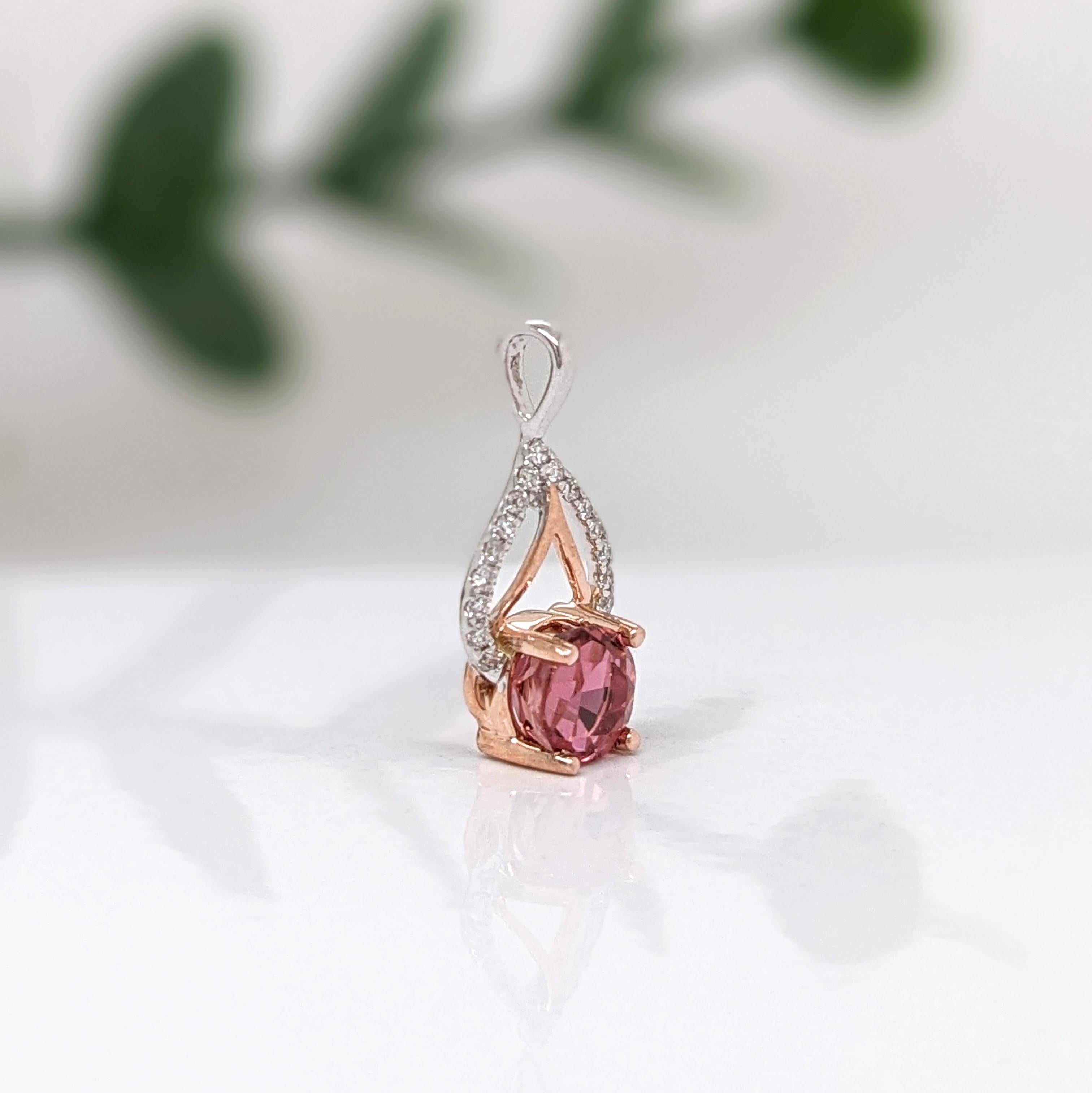Pink Tourmaline Pendant w Natural Diamonds in Solid 14k Dual Tone Gold Round 5mm 1