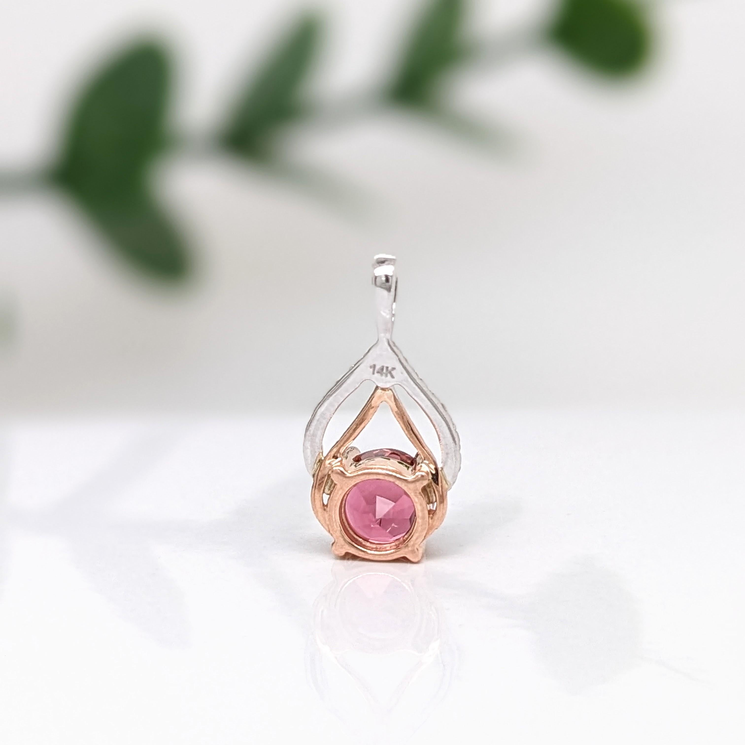 Pink Tourmaline Pendant w Natural Diamonds in Solid 14k Dual Tone Gold Round 5mm For Sale 2