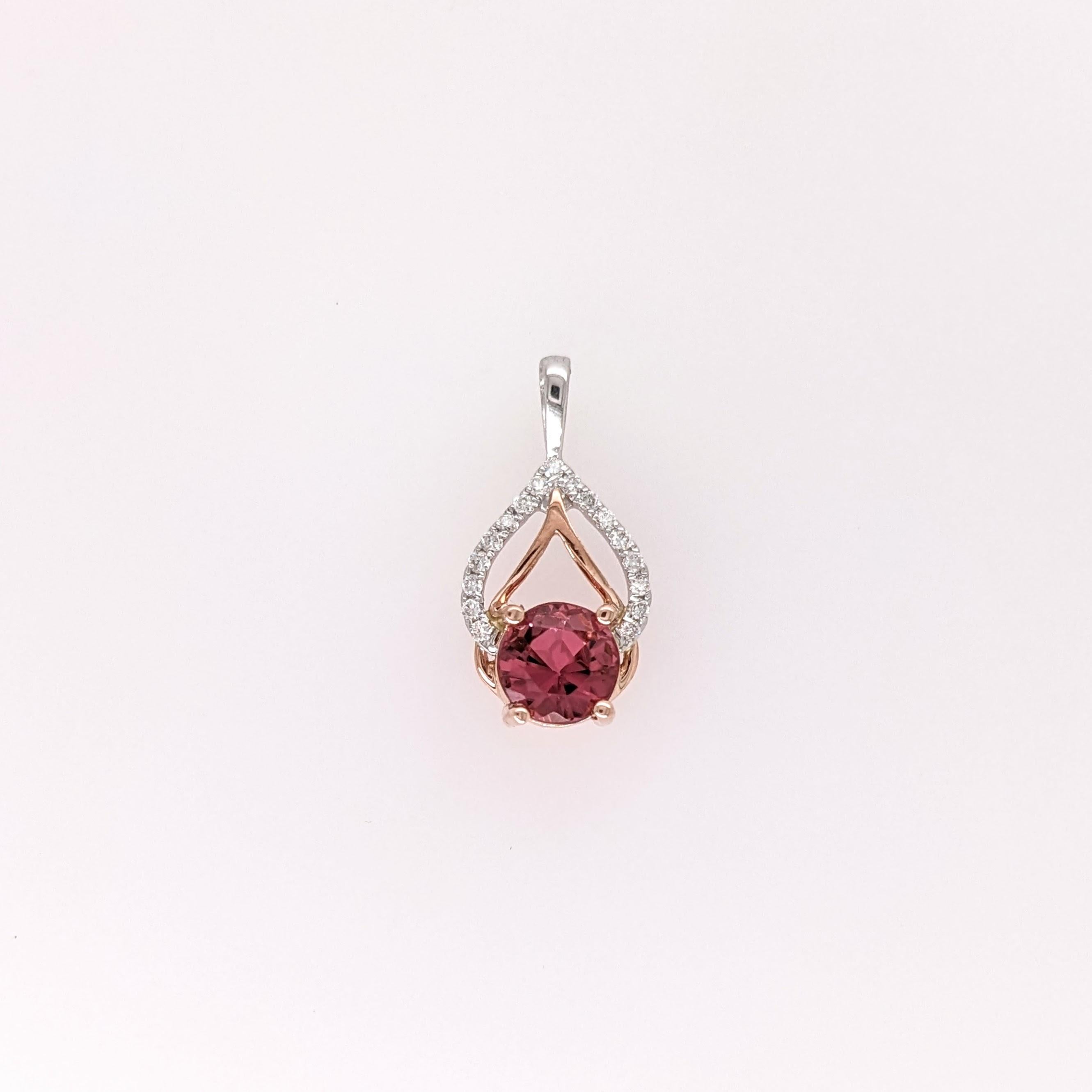 Pink Tourmaline Pendant w Natural Diamonds in Solid 14k Dual Tone Gold Round 5mm For Sale
