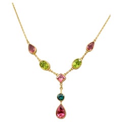 Pink Tourmaline, Peridot and Blue Tourmaline Lavalier Necklace - 14K Yellow Gold