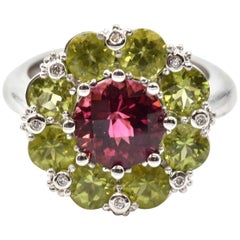 Pink Tourmaline, Peridot and Diamond 14 Karat White Gold Ring