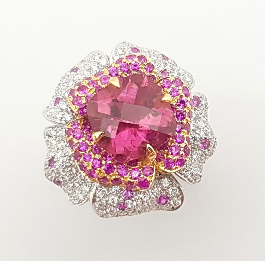 Pink Tourmaline, Pink Sapphire and Diamond Flower Ring set in 18K White Gold For Sale 2