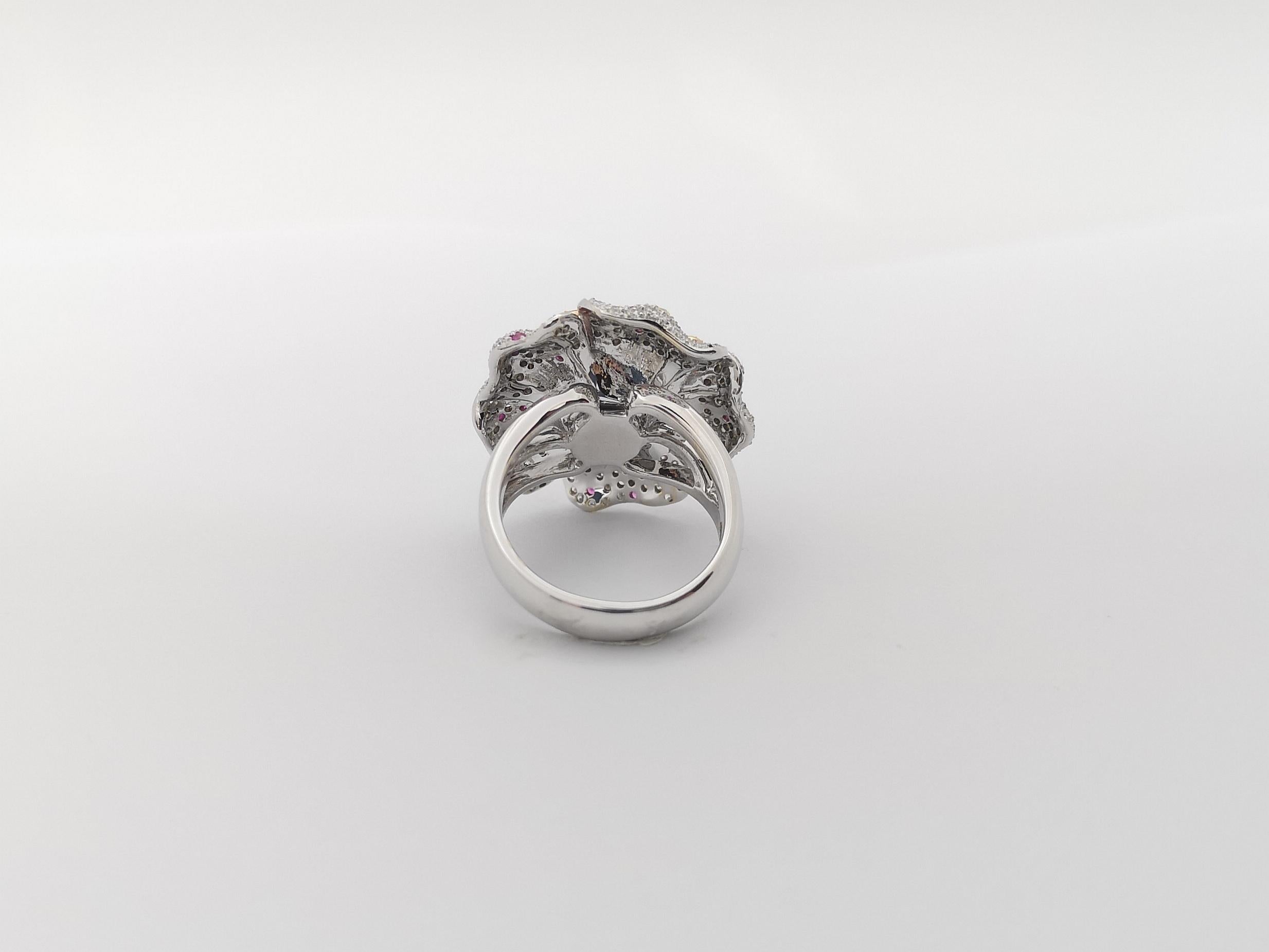 Pink Tourmaline, Pink Sapphire and Diamond Flower Ring set in 18K White Gold For Sale 3