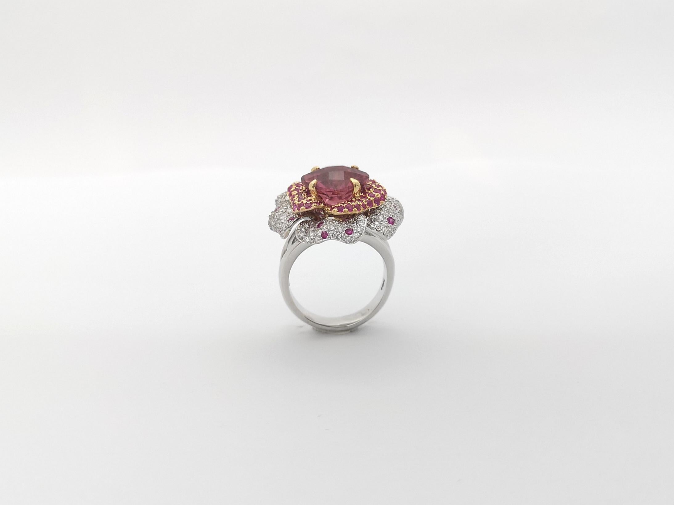Pink Tourmaline, Pink Sapphire and Diamond Flower Ring set in 18K White Gold For Sale 4