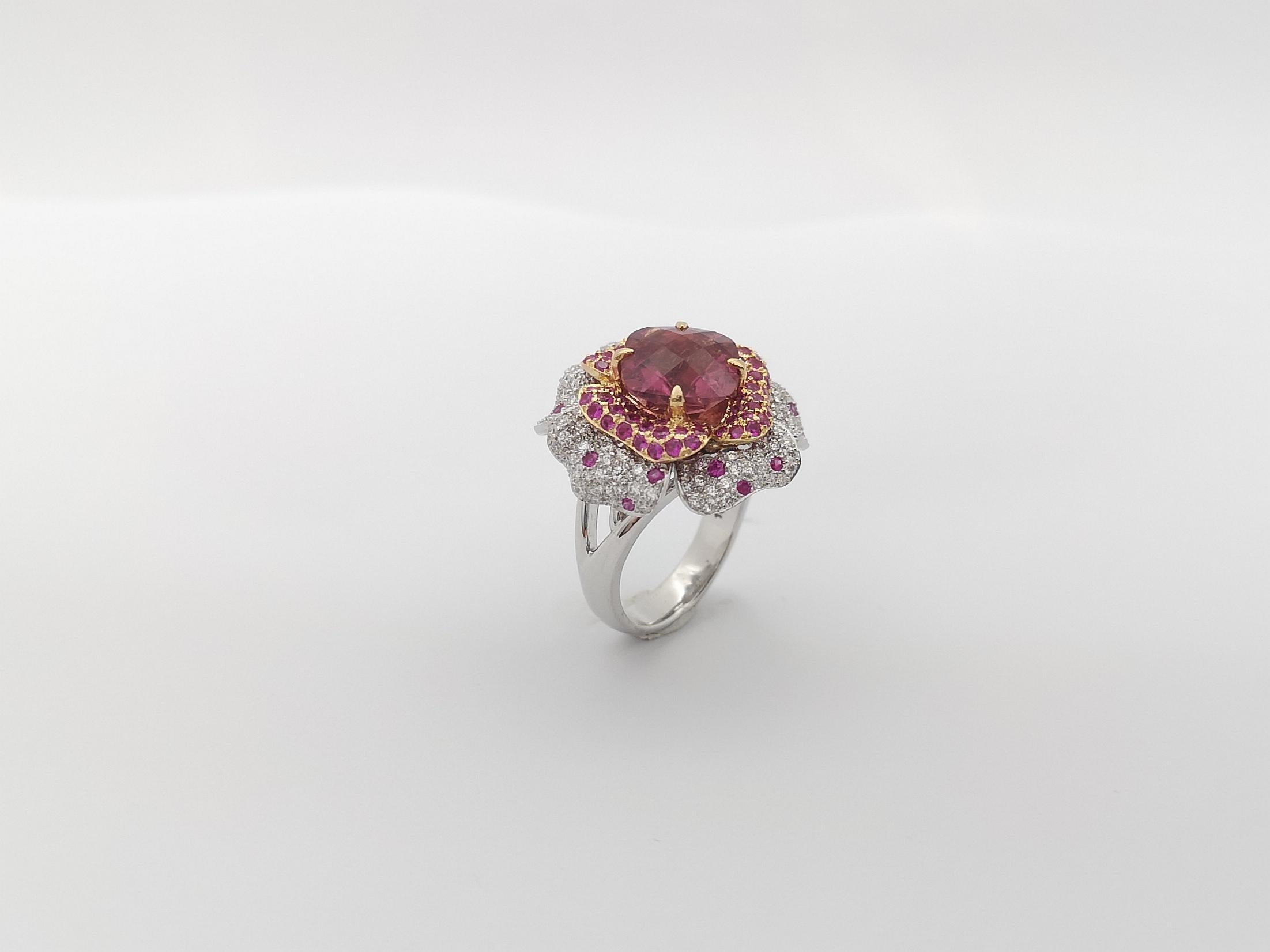Pink Tourmaline, Pink Sapphire and Diamond Flower Ring set in 18K White Gold For Sale 5