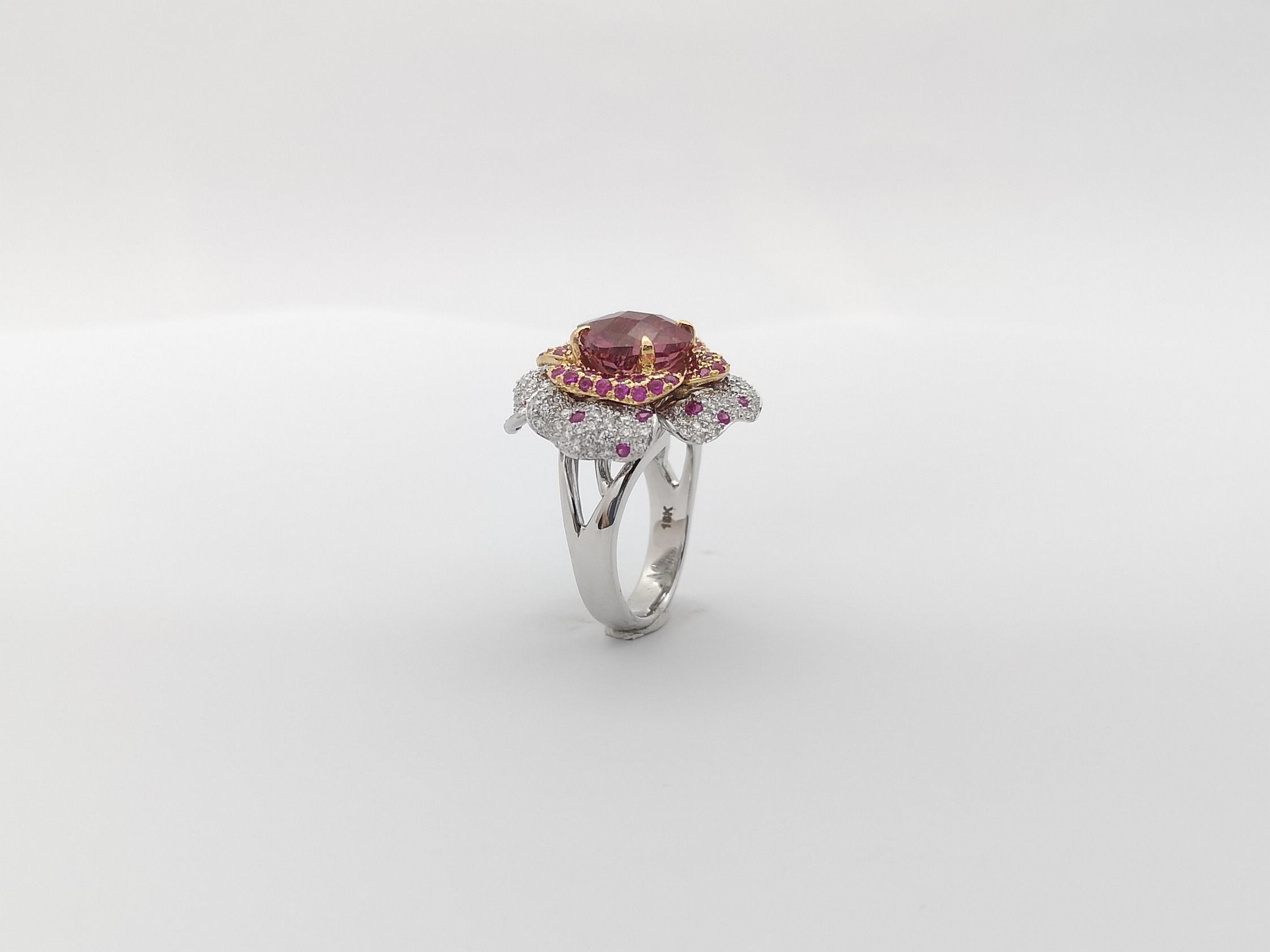 Pink Tourmaline, Pink Sapphire and Diamond Flower Ring set in 18K White Gold For Sale 6