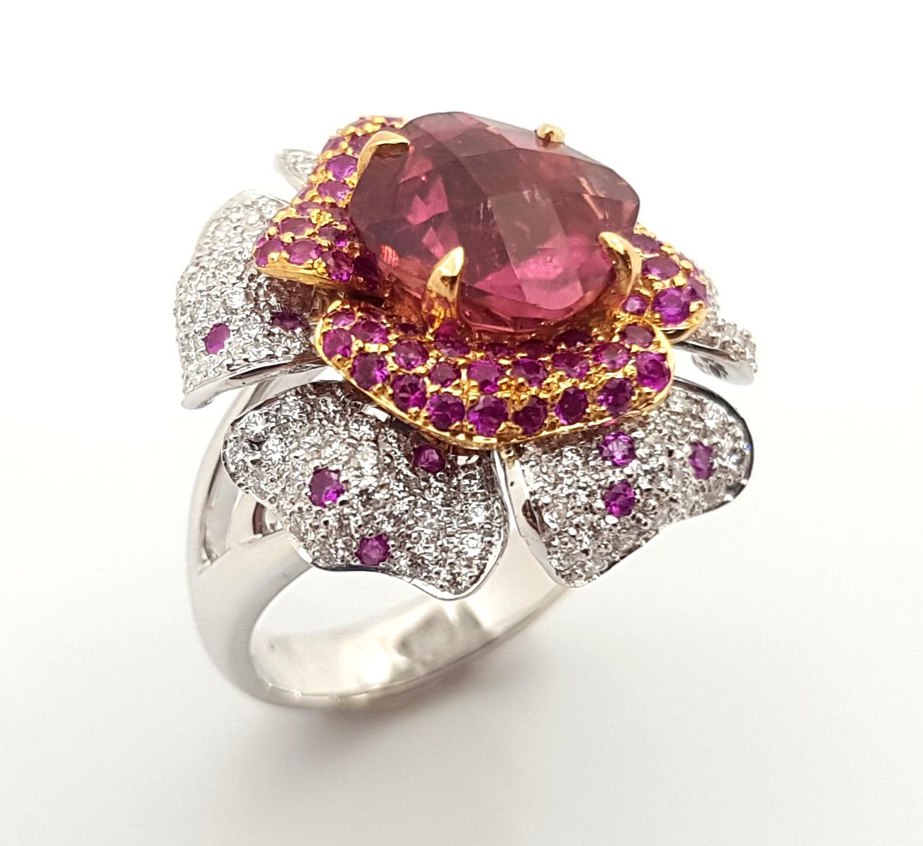 Pink Tourmaline, Pink Sapphire and Diamond Flower Ring set in 18K White Gold For Sale 7