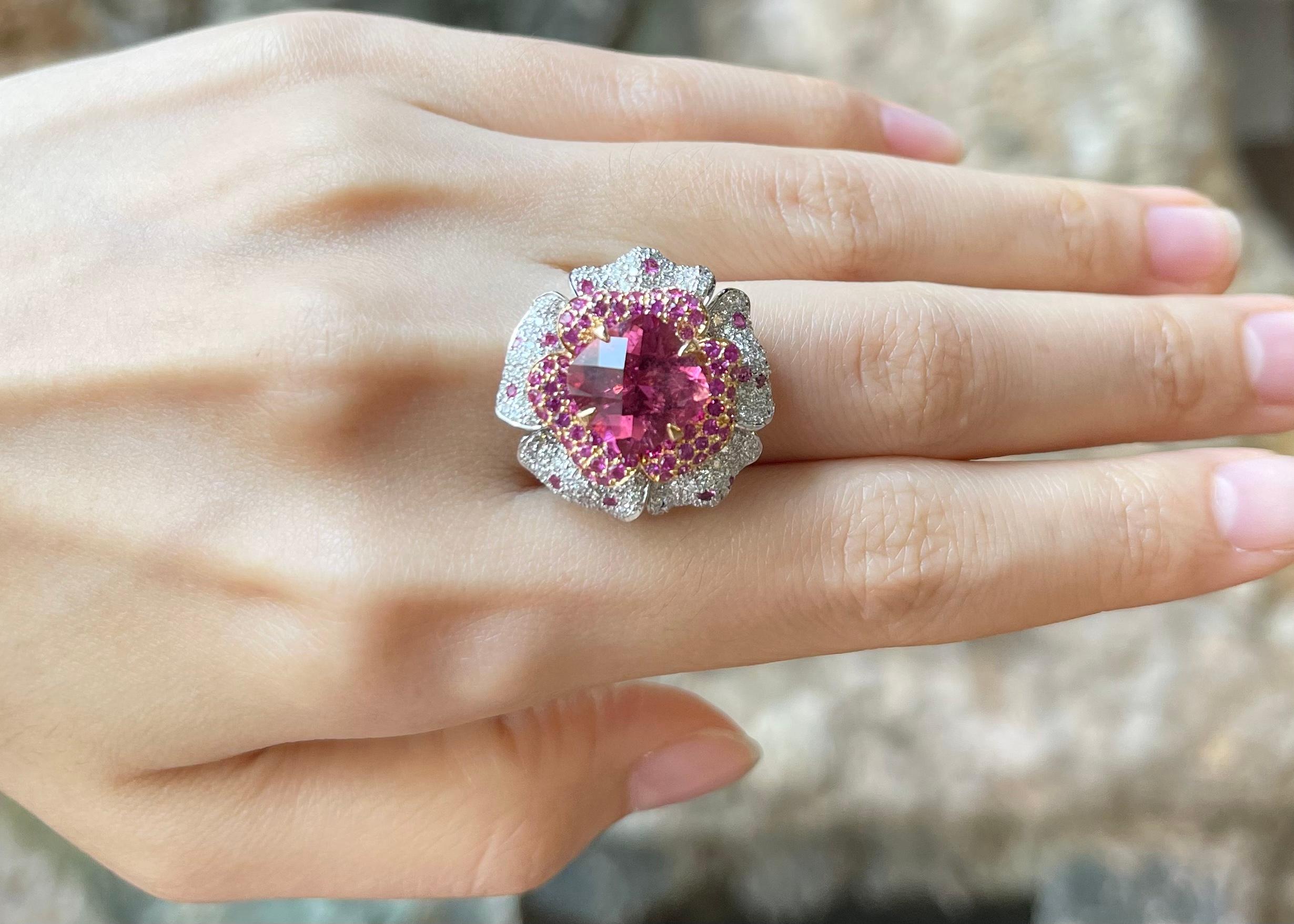 Pink Tourmaline 4.60 carats, Pink Sapphire 1.38 carats and Diamond 1.20 carats Ring set in 18K White Gold Settings

Width:  2.3 cm 
Length: 2.5 cm
Ring Size: 53
Total Weight: 16.412.95 grams

