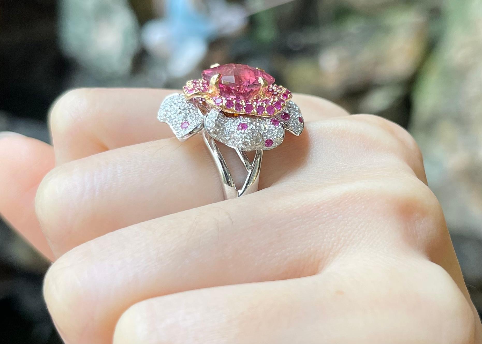 Mixed Cut Pink Tourmaline, Pink Sapphire and Diamond Flower Ring set in 18K White Gold For Sale
