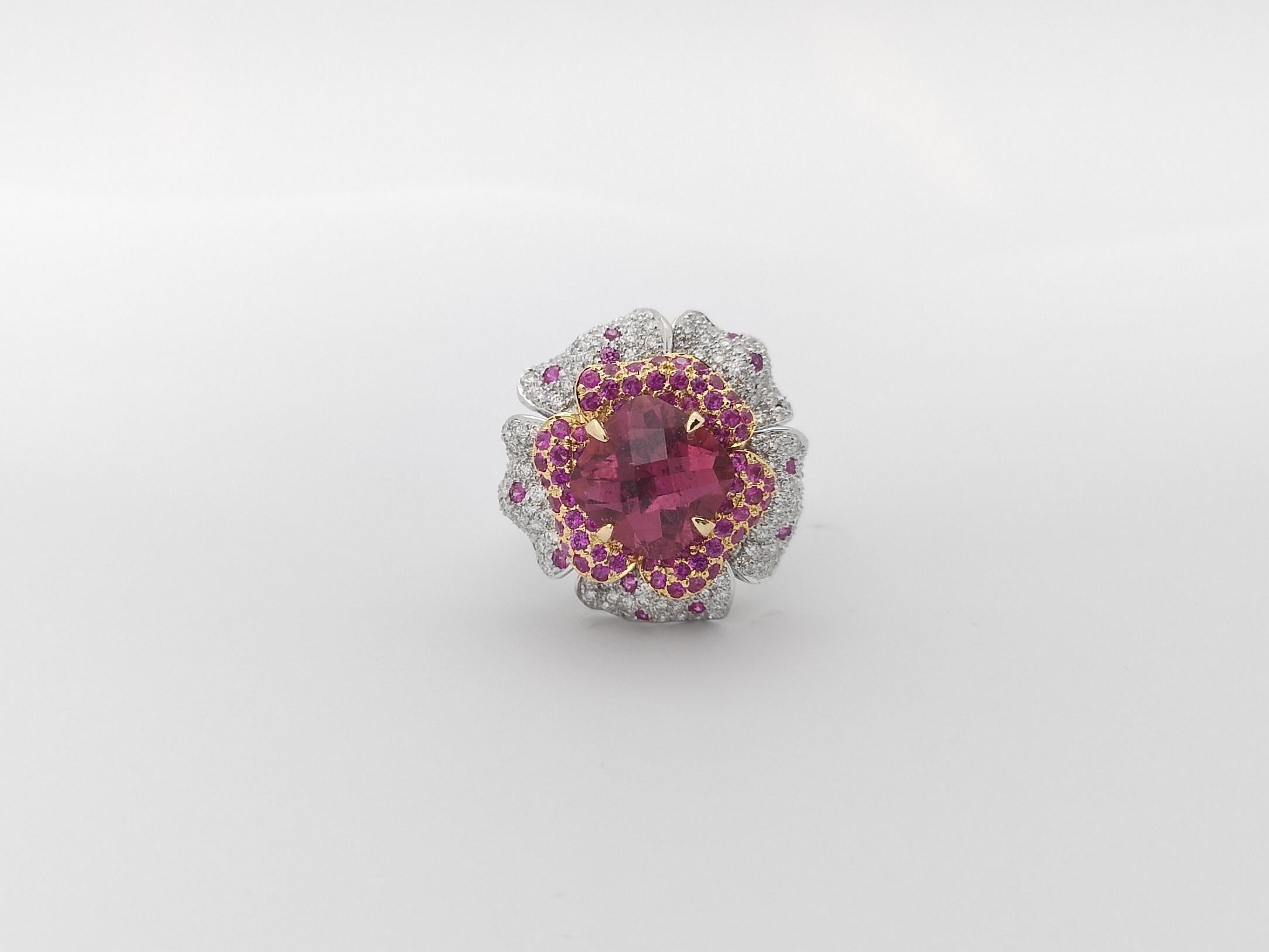 Women's Pink Tourmaline, Pink Sapphire and Diamond Flower Ring set in 18K White Gold For Sale
