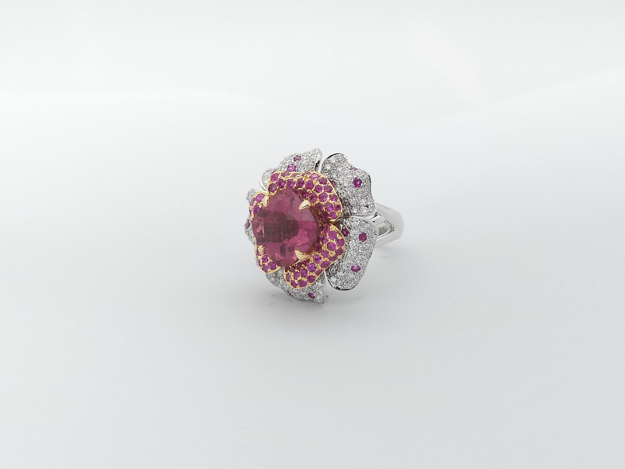 Pink Tourmaline, Pink Sapphire and Diamond Flower Ring set in 18K White Gold For Sale 1