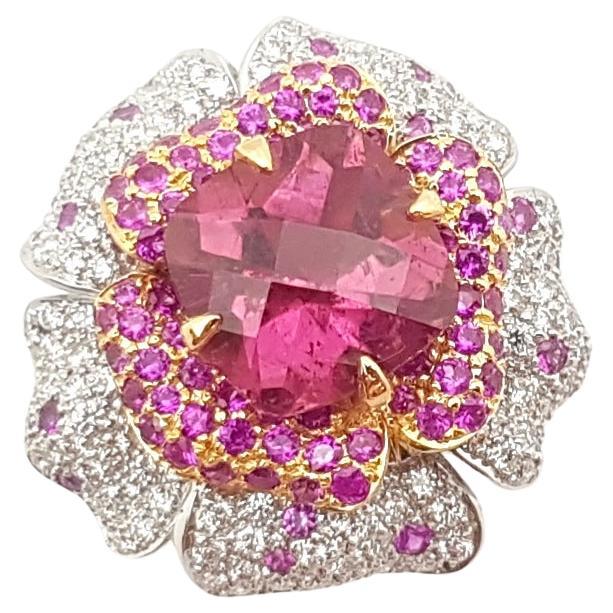 Pink Tourmaline, Pink Sapphire and Diamond Flower Ring set in 18K White Gold For Sale