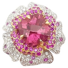 Pink Tourmaline, Pink Sapphire and Diamond Flower Ring set in 18K White Gold