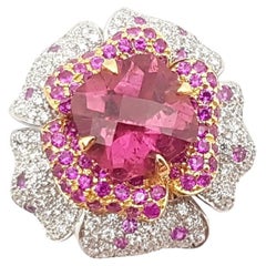 Pink Tourmaline, Pink Sapphire and Diamond Flower Ring set in 18K White Gold