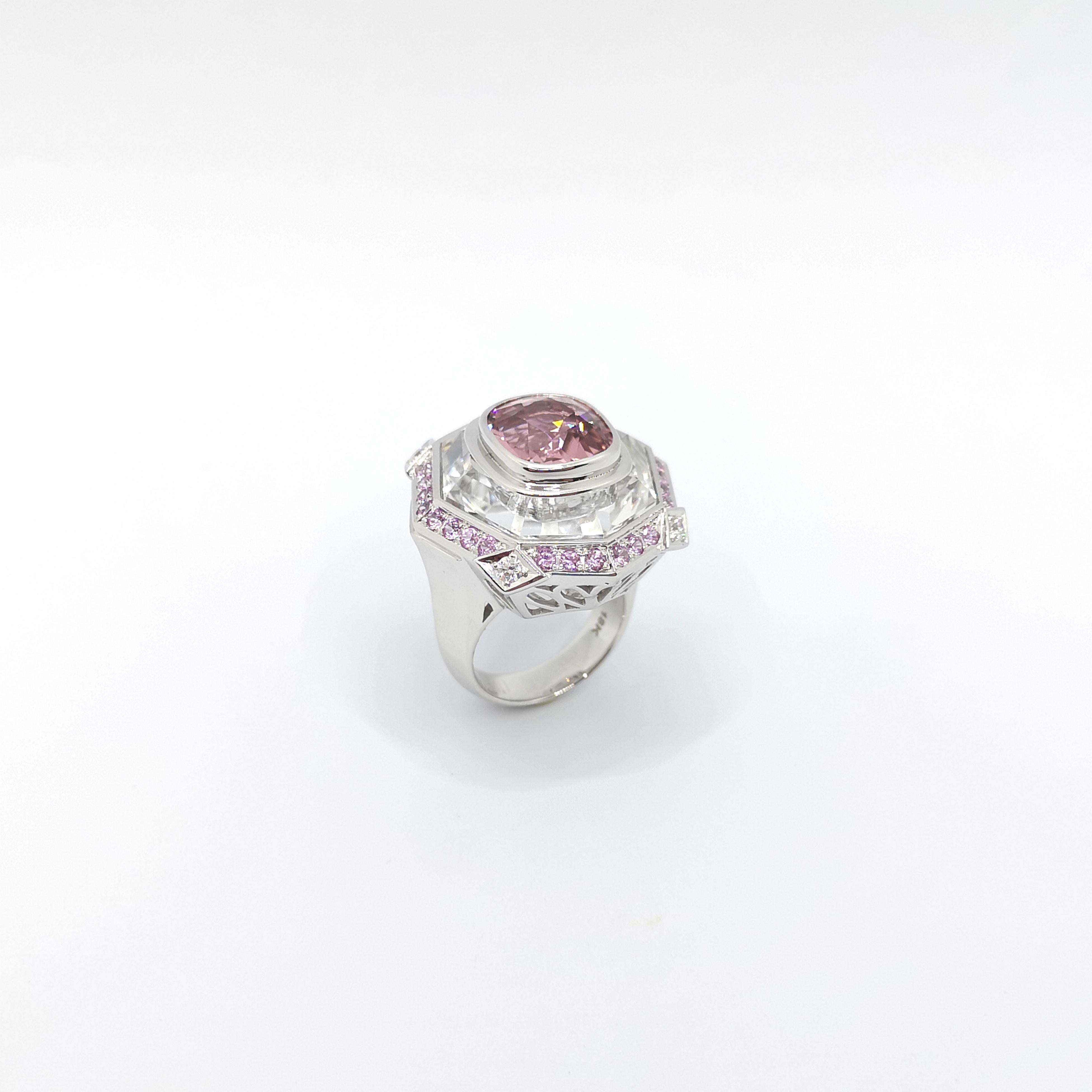 Pink Tourmaline, Pink Sapphire, White Topaz and Diamond Ring in 18K White Gold For Sale 5