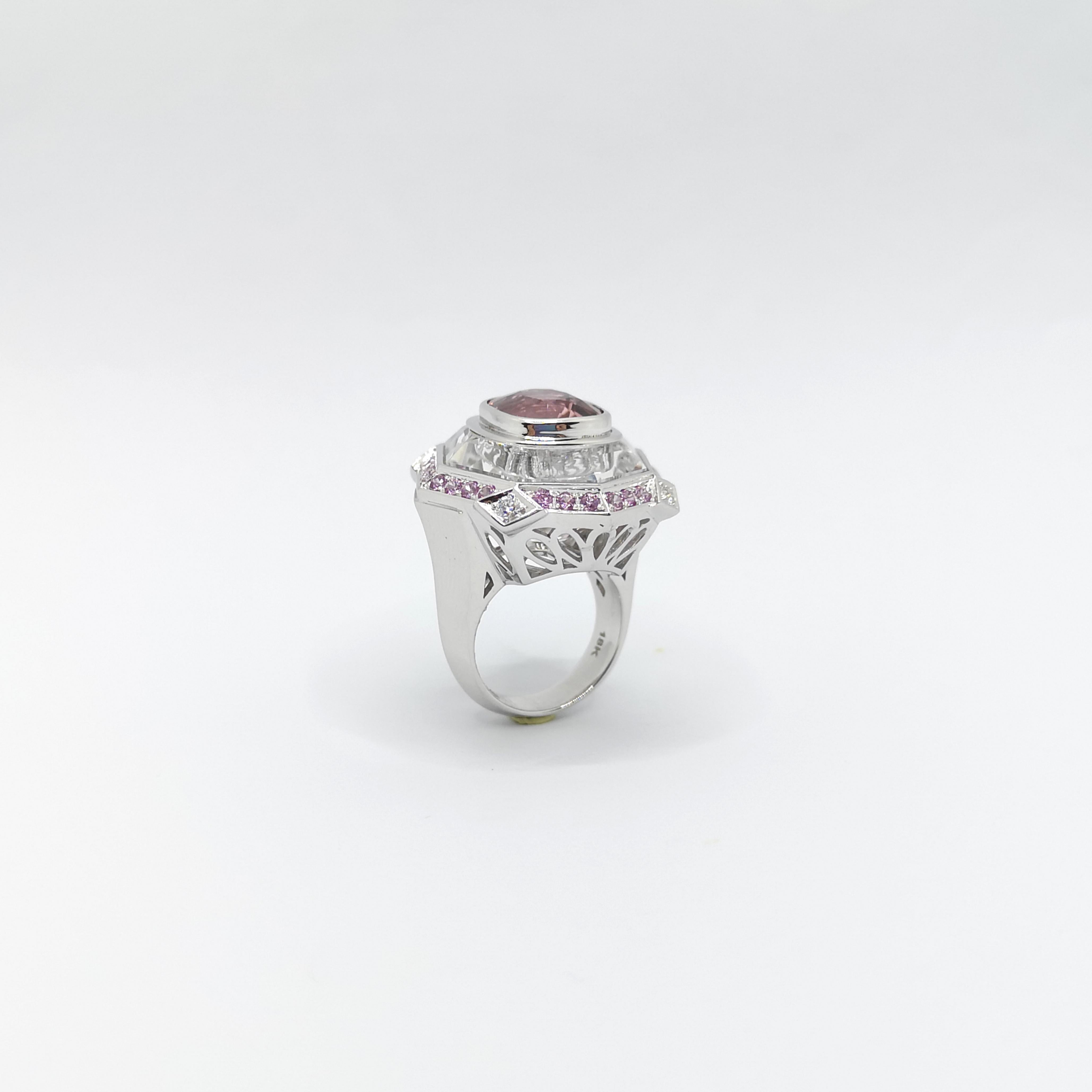 Pink Tourmaline, Pink Sapphire, White Topaz and Diamond Ring in 18K White Gold For Sale 6