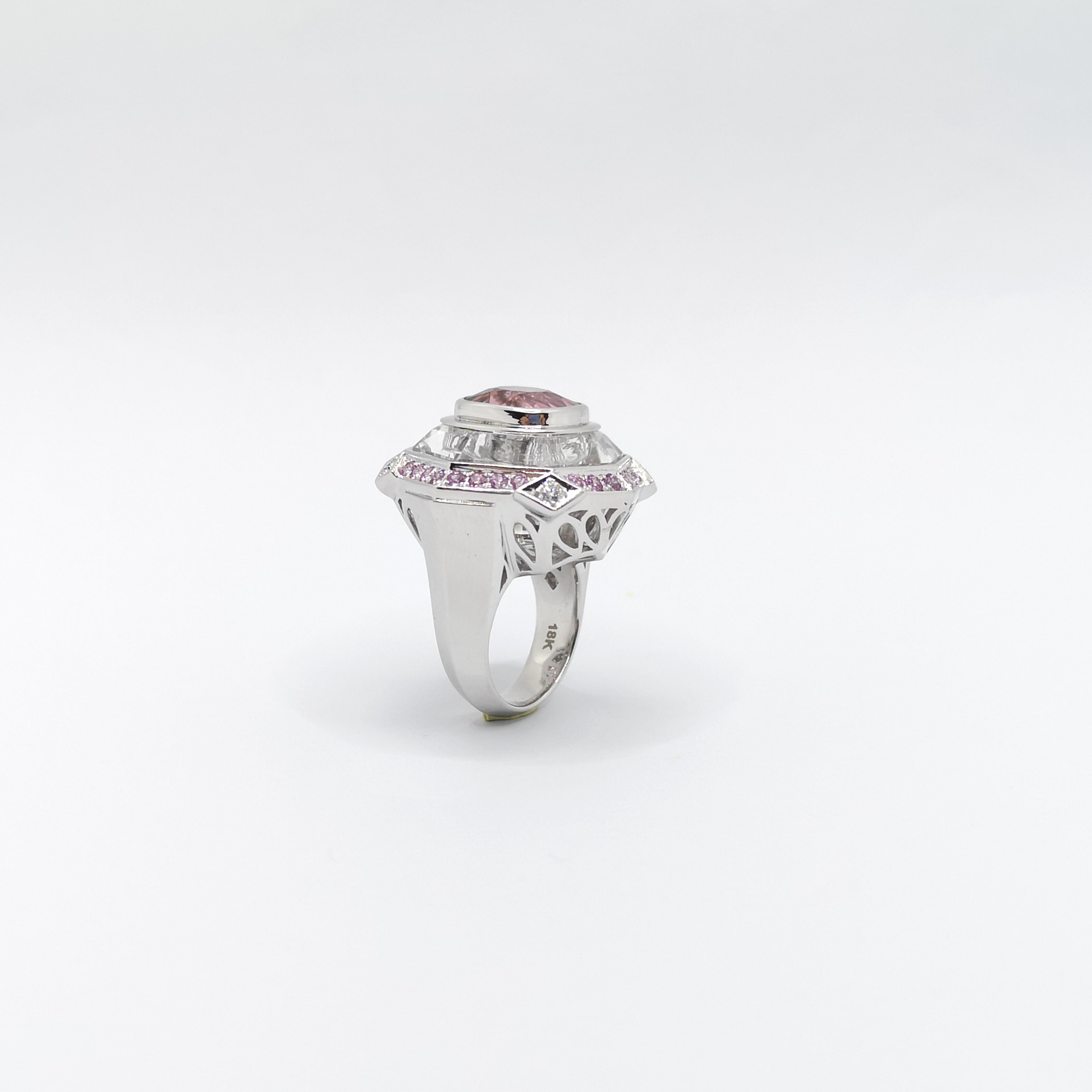 Pink Tourmaline, Pink Sapphire, White Topaz and Diamond Ring in 18K White Gold For Sale 7