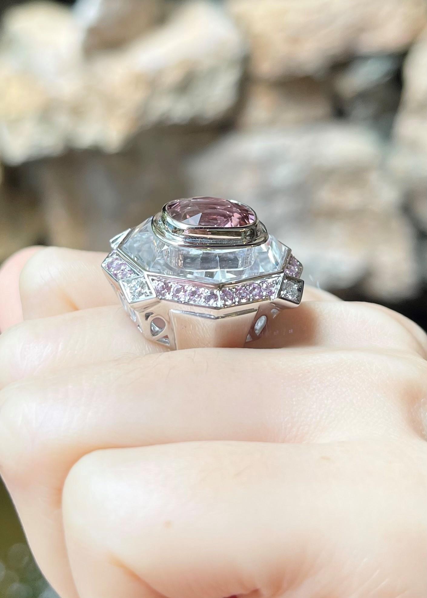 Contemporary Pink Tourmaline, Pink Sapphire, White Topaz and Diamond Ring in 18K White Gold For Sale